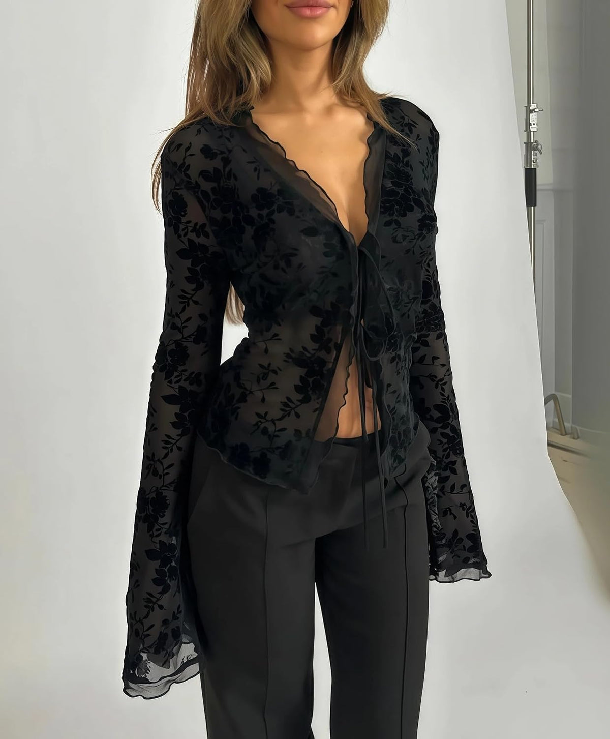 Large | B0GXVWM2MV | Women's Lace Tie Front Top Sheer Mesh Long Sleeve Flared Ruffle Floral Flocking Sexy Crop Blouses for Women