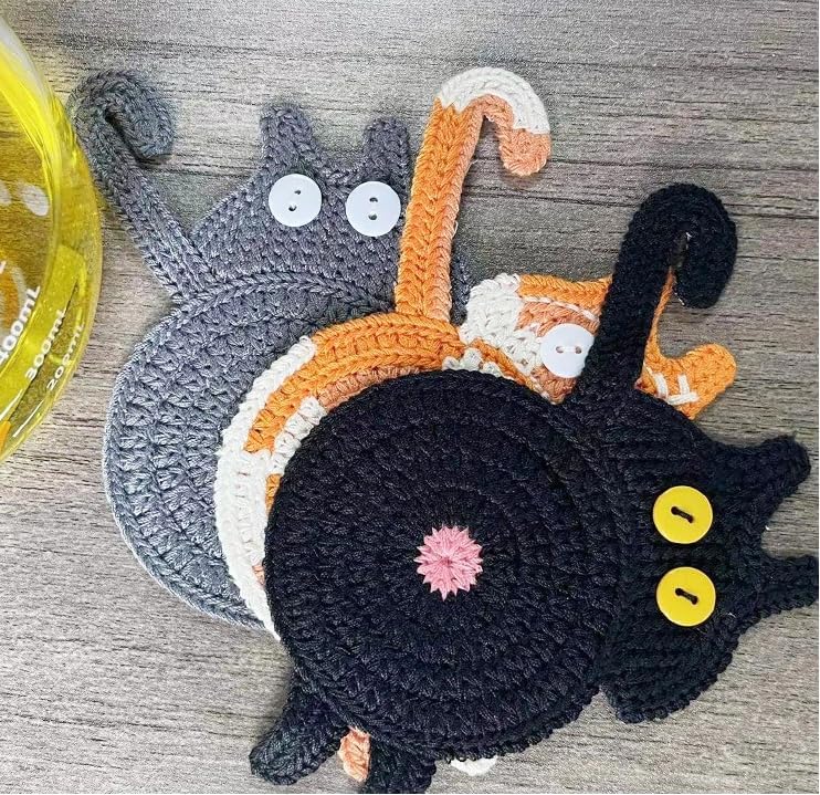 商品图片 4 | B0DS52F29G | Cute Cat Drink Coaster, Fun Woven Creative Coasters, for Home Decor Tabletop Protection, Cat Gifts for Cat Lovers