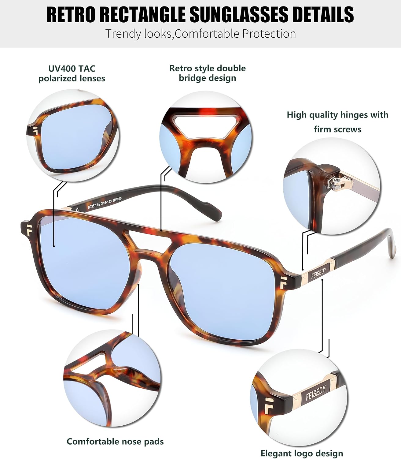 商品图片 47 | B0H2V9BFS5 | FEISEDY Retro Polarized Aviator Square Sunglasses for Women Men UV400 B0357