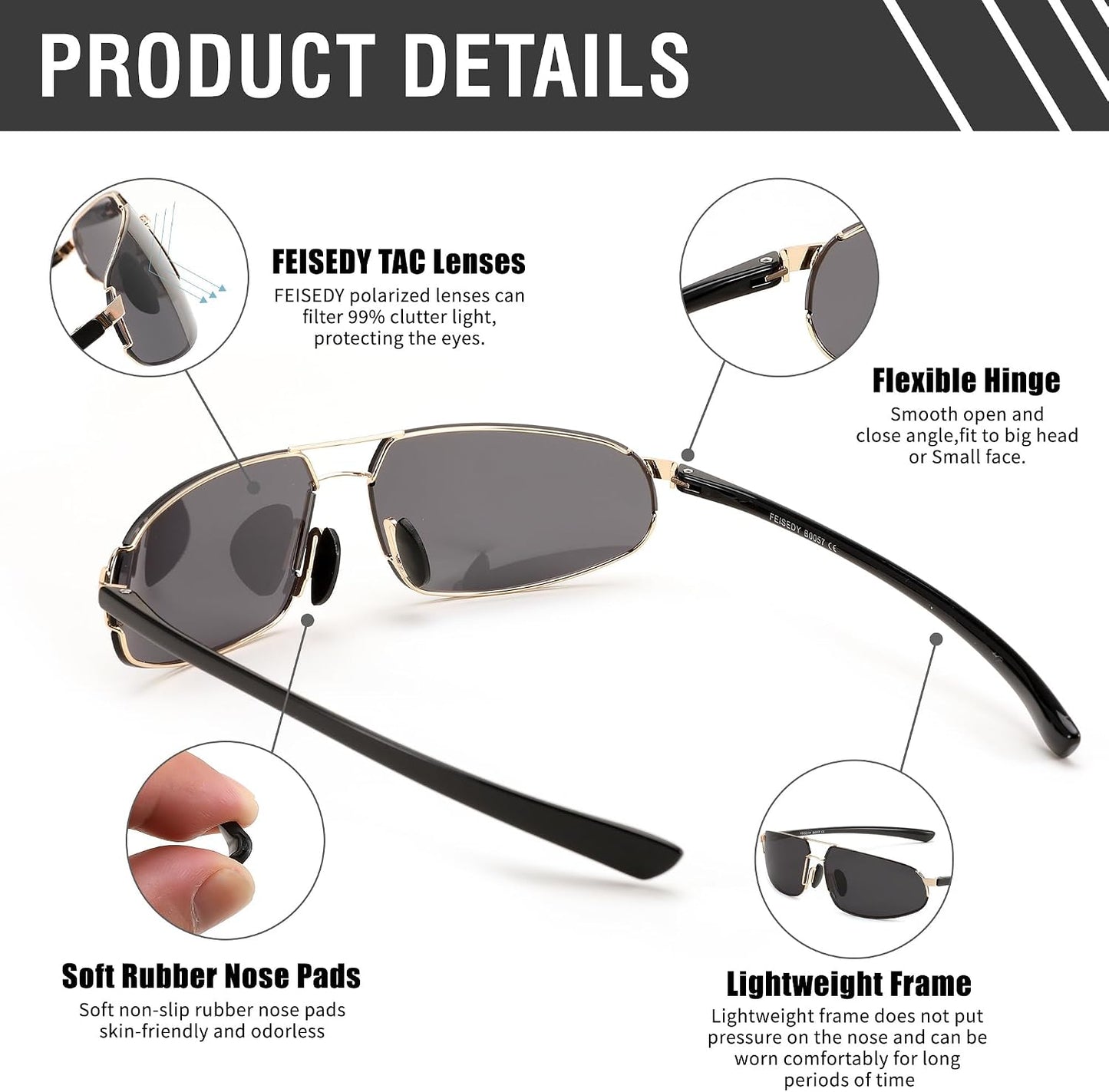 商品图片 3 | B0D22TVRVN | FEISEDY Vintage Sunglasses Men Polarized, Aviator Metal Frame Lightweight, Driving Fishing Running B0057