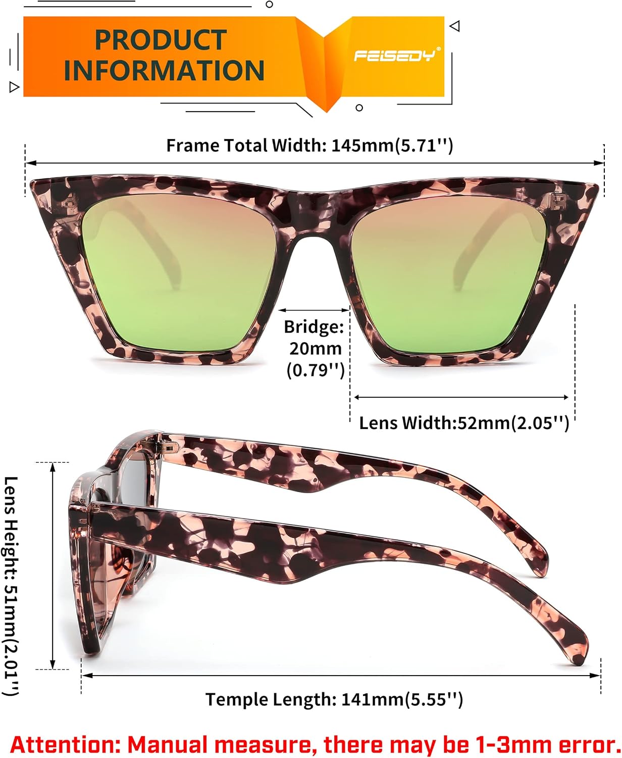 商品图片 152 | B0C5378735 | FEISEDY Vintage Square Cat Eye Sunglasses Women Trendy Cateye Sunglasses B2473