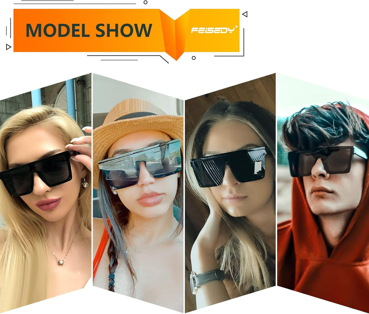 ÉÌƷͼƬ 62 | B09H6XXSDN | FEISEDY Oversized Sunglasses Mens Womens Flat Top Square Trendy Visor Shades UV400 B2470