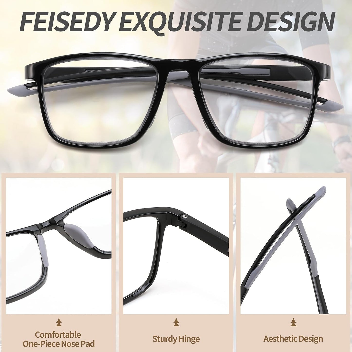 商品图片 5 | B0GLF6C715 | FEISEDY Progressive Multifocal Reading Glasses Blue Light Blocking B0397 | Sports Square Frame Near-Far Dual Use Blue Light Blocking Reading Glasses for Women Men