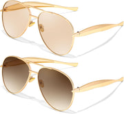 2pack(gold/Champagne+gold/Gradual Tea) / 60 Millimeters | B0FKML2SSC | FEISEDY Oversized Aviator Sunglasses Women Men - Retro Gold Metal Chunky Frame, UV400 for Driving & Daily Wear B0311