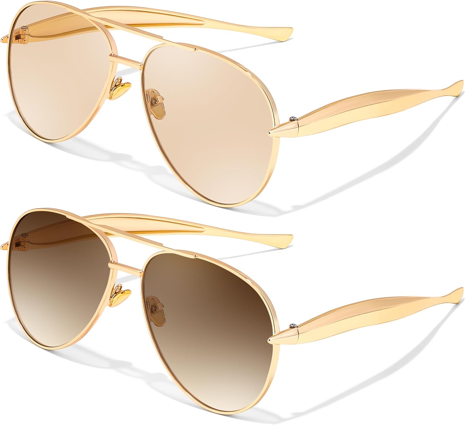 2pack(gold/Champagne+gold/Gradual Tea) / 60 Millimeters | B0FKML2SSC | FEISEDY Oversized Aviator Sunglasses Women Men - Retro Gold Metal Chunky Frame, UV400 for Driving & Daily Wear B0311