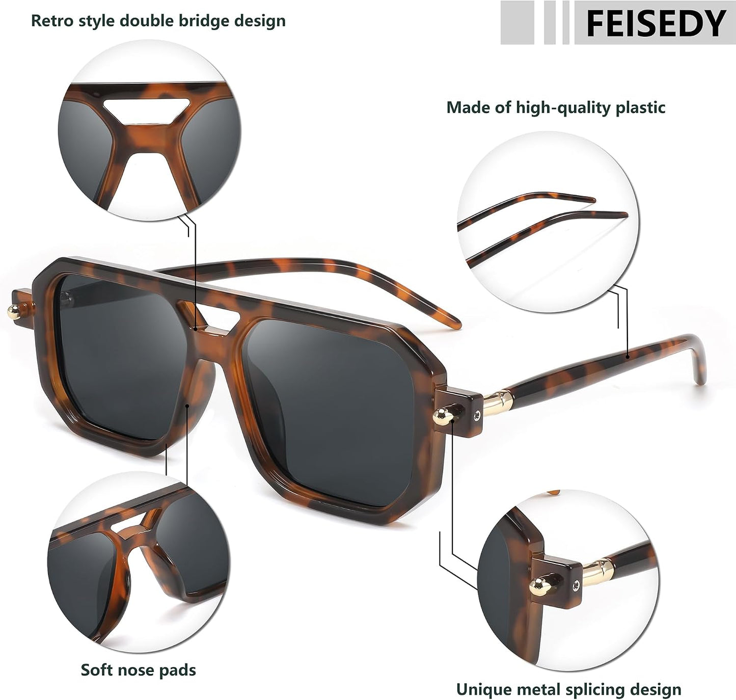 商品图片 88 | B09YTJ4FQZ | FEISEDY Vintage Square 70s Flat Aviator Sunglasses Women Men Classic Retro Stylish Frame UV400 Sunglasses B2622