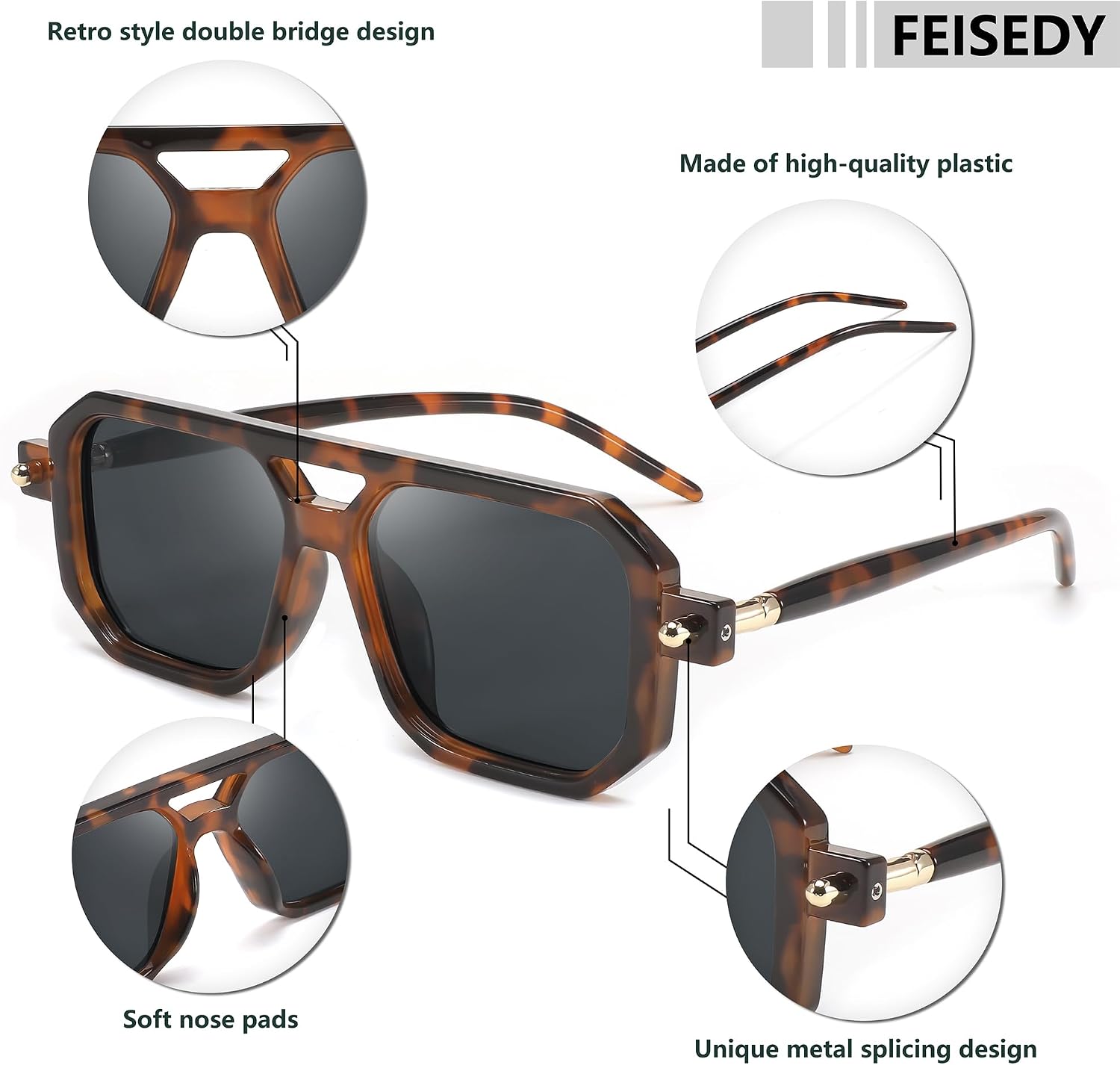 商品图片 88 | B09YTJ4FQZ | FEISEDY Vintage Square 70s Flat Aviator Sunglasses Women Men Classic Retro Stylish Frame UV400 Sunglasses B2622
