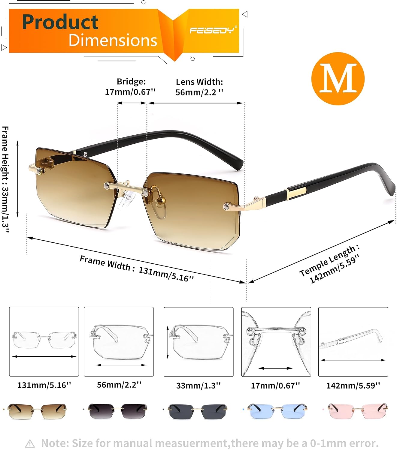 商品图片 87 | B0CY2Q4VW1 | FEISEDY Rimless Sunglasses Y2K Retro Small Narrow Rectangle Shades B2643