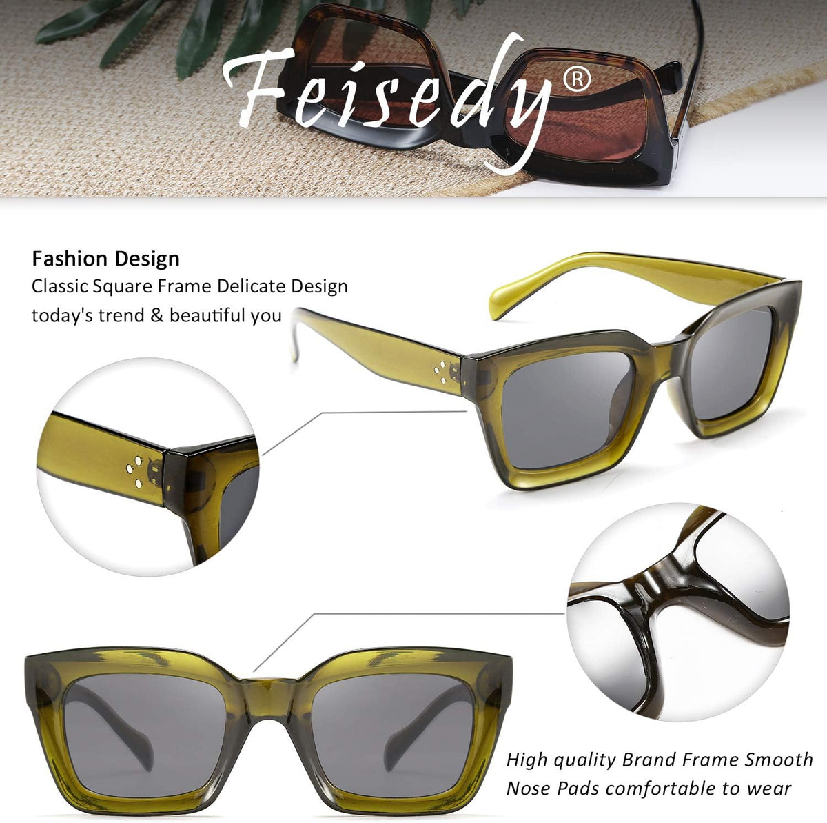 ÉÌƷͼƬ 59 | B07MNGNLNT | FEISEDY Classic Women Sunglasses Fashion Thick Square Sun Glasses B2471