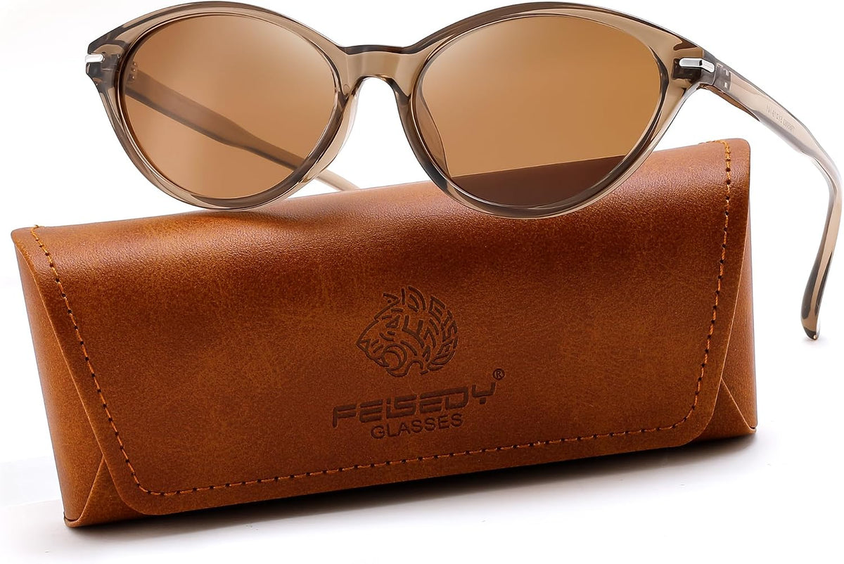 Transparent Tea Brown Frame & Brown Lenses / 52 Millimeters | B0HBVN2GXY | FEISEDY Retro Polarized Cat Eye Sunglasses for Women Men UV400 B0466
