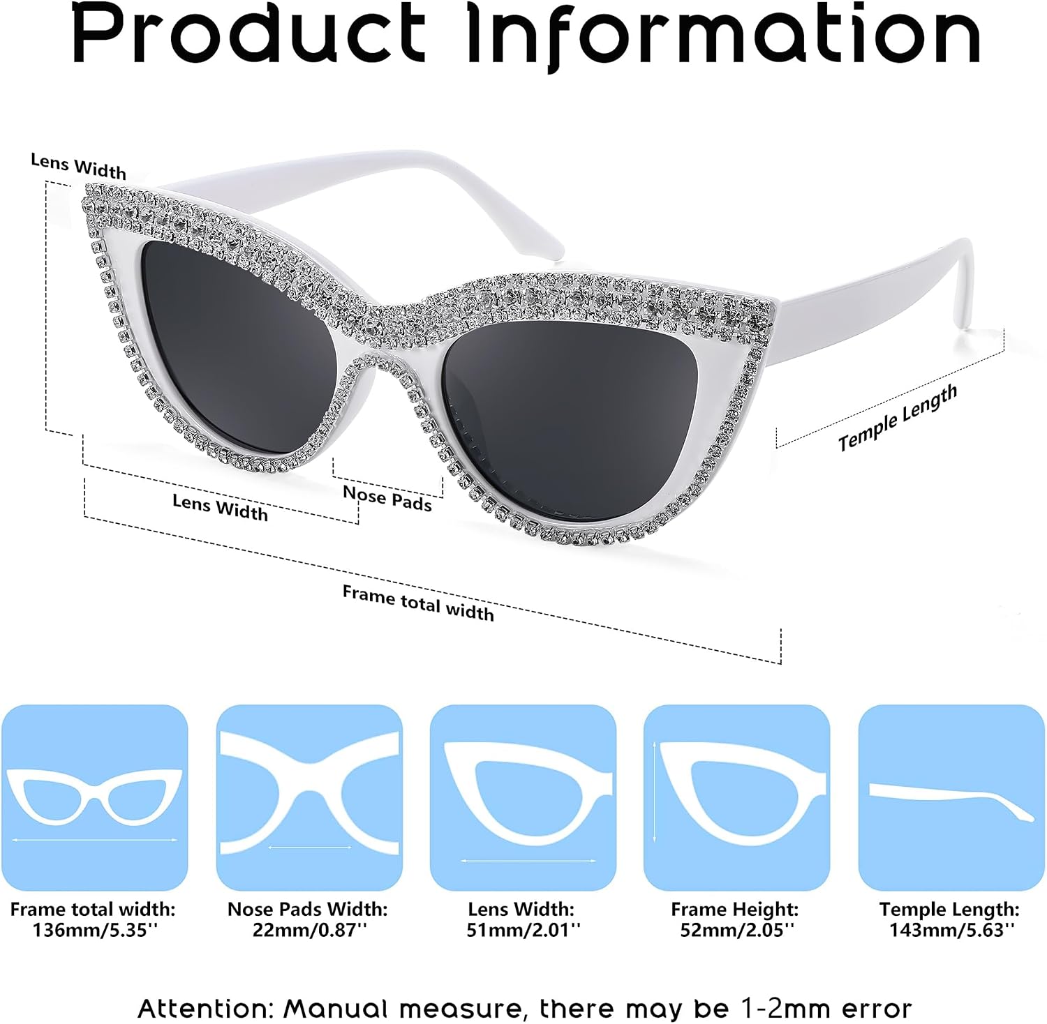 商品图片 43 | B0BZ7YMM4F | FEISEDY Oversized Women Cat Eye Rhinestone Sunglasses Costume Party B2360