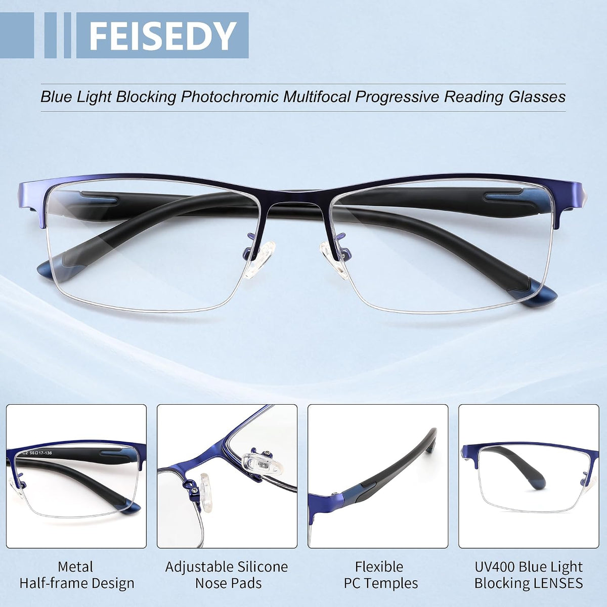 商品图片 19 | B0HBWVWRX5 | FEISEDY Rectangle Blue Light Blocking Reading Glasses Half Frame B0462