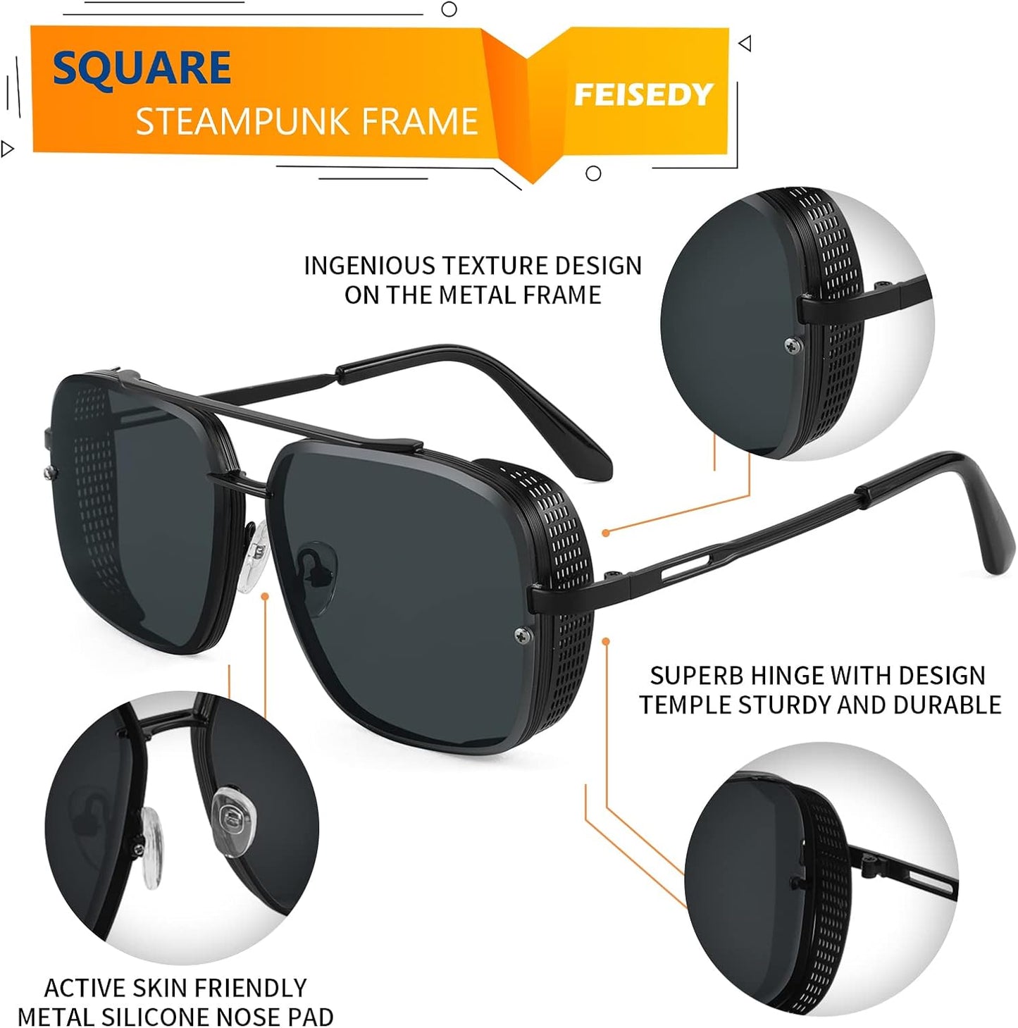 商品图片 54 | B09SDC5BD5 | FEISEDY Sunglasses Mens Women Vintage Pilot Square Trendy Metal Steampunk Fishing Driving Sun Glasses B2894