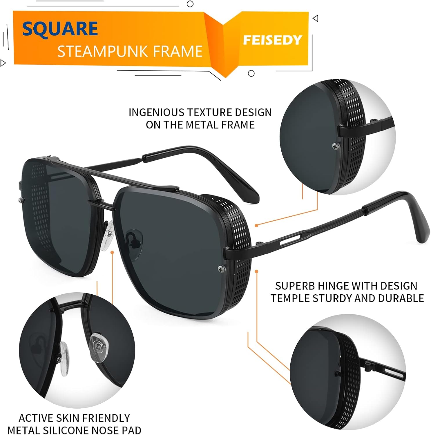 商品图片 54 | B09SDC5BD5 | FEISEDY Sunglasses Mens Women Vintage Pilot Square Trendy Metal Steampunk Fishing Driving Sun Glasses B2894