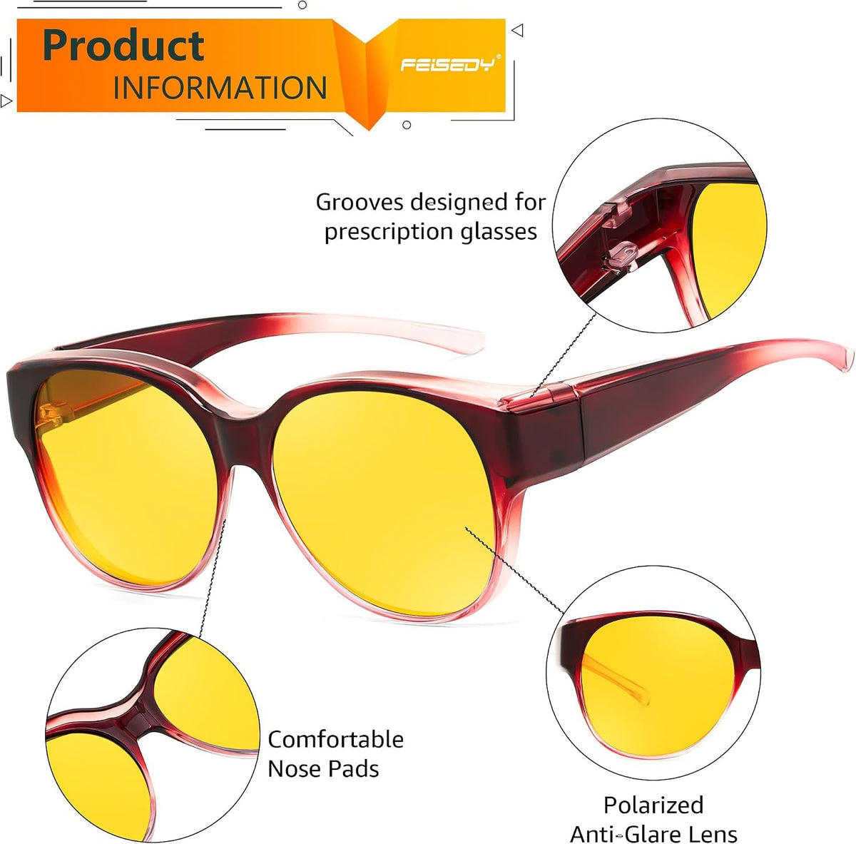 ÉÌƷͼƬ 21 | B0FX4NQCGM | FEISEDY 2Pack Night Driving Glasses Over Glasses with Yellow Lenses Fit Over Polarized Nighttime Sunglasses B0331