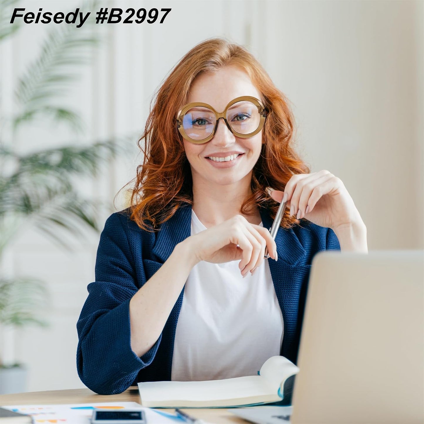 商品图片 2 | B0CQ26NQZS | FEISEDY Oversized Blue Light Blocking Glasses Women Men Retro Big Round Frame Eyewear Clear Lens Computer Glasses B2997