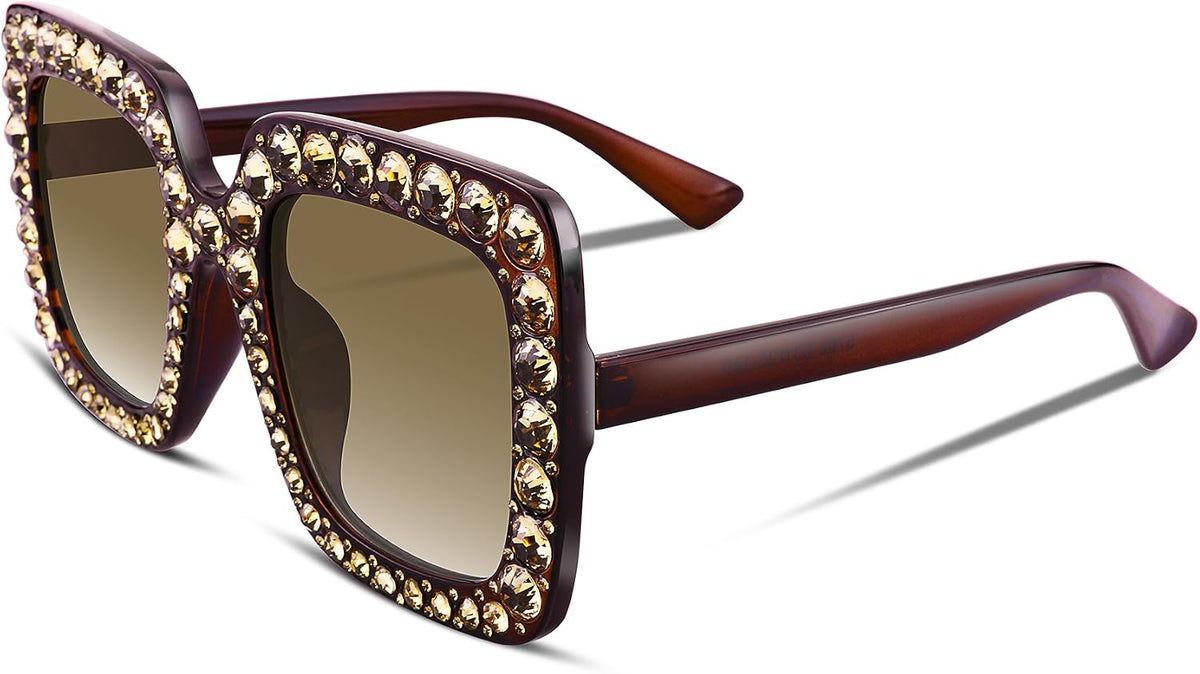 4 Gradient Brown / 51 Millimeters | B077GL3QT7 | FEISEDY Women Sparkling Crystal Sunglasses Oversized Square Thick Frame B2283