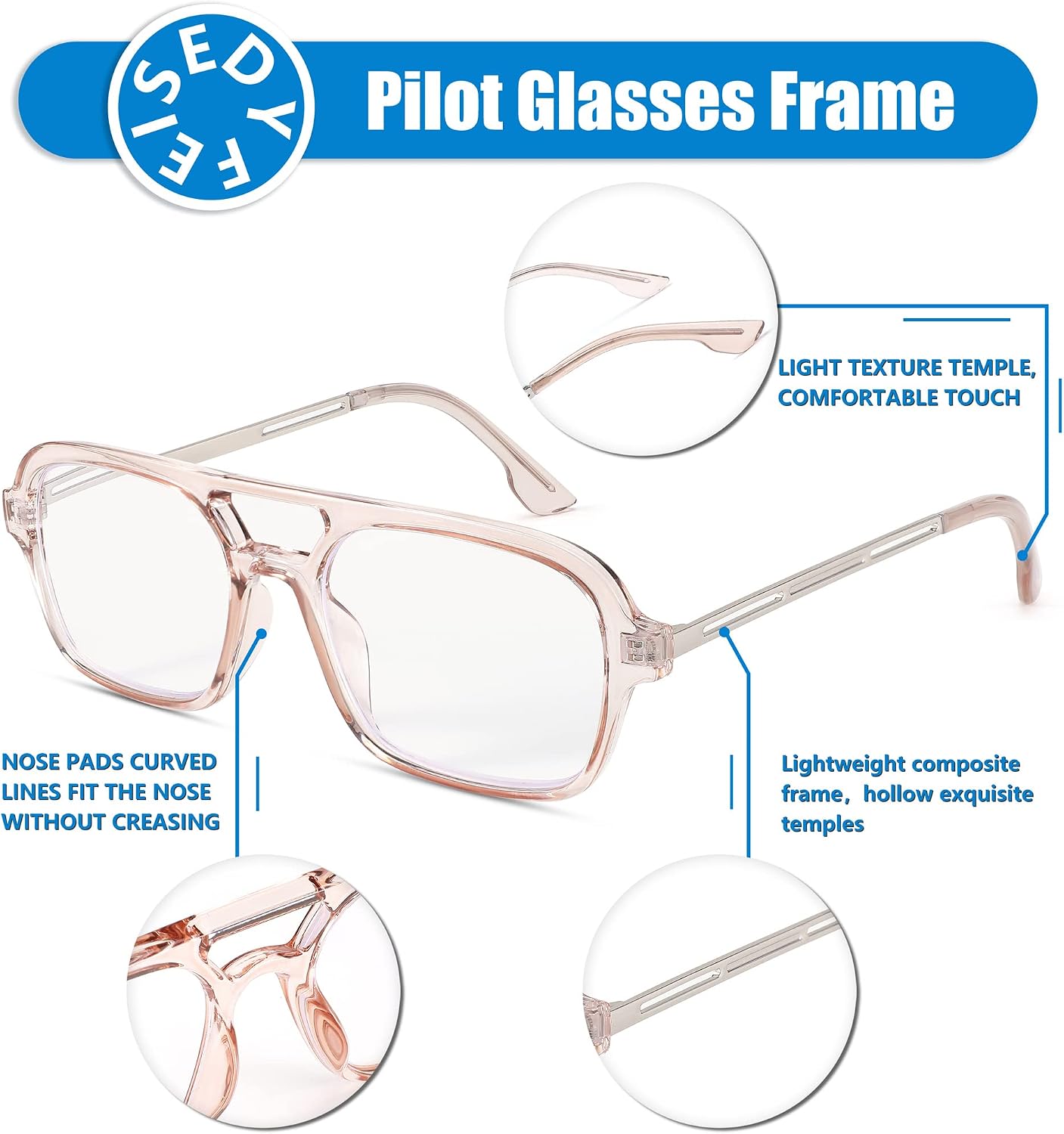 商品图片 10 | B0C65DXFMC | FEISEDY Retro Square Blue Light Blocking Reading Glasses for Women Men 70s Flat Aviator Glasses Anti-Fatigue Reader B2993