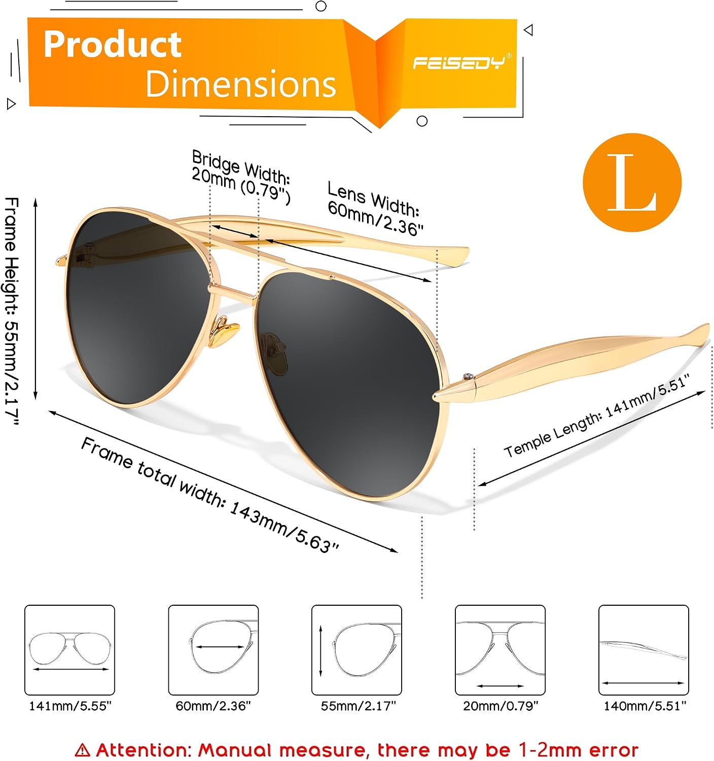 商品图片 12 | B0FKML2SSC | FEISEDY Oversized Aviator Sunglasses Women Men - Retro Gold Metal Chunky Frame, UV400 for Driving & Daily Wear B0311