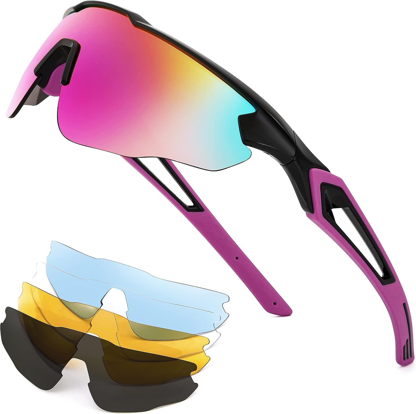 Black Frame & Purple Mirror Lens / 80 Millimeters | B0B2WDZ7KP | FEISEDY Sports Sunglasses, with 5 Lenses for Men Women, TR90 Lightweight, Baseball Cycling Motorcycle Running Golf B2940