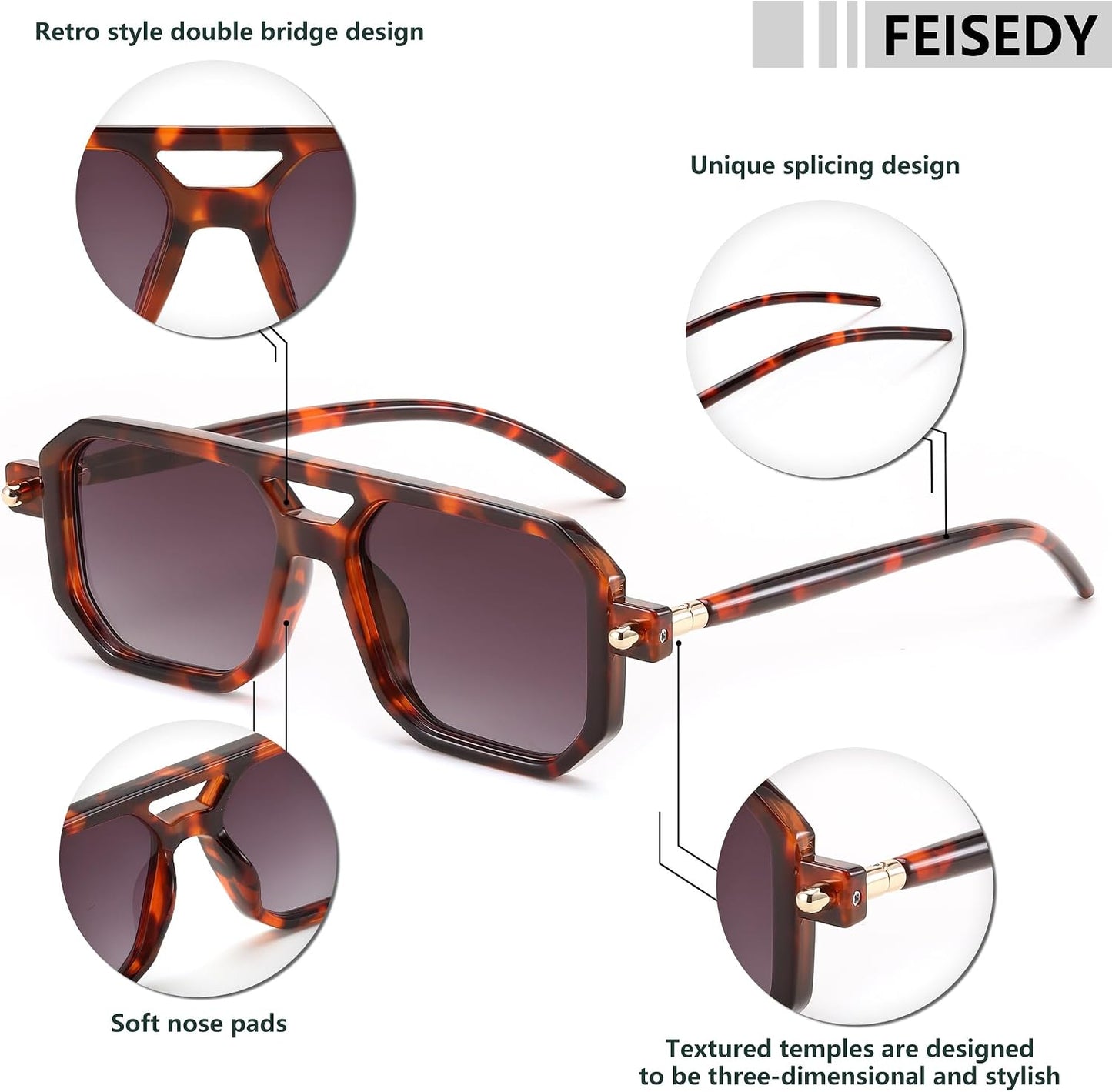 商品图片 130 | B09YTJ4FQZ | FEISEDY Vintage Square 70s Flat Aviator Sunglasses Women Men Classic Retro Stylish Frame UV400 Sunglasses B2622