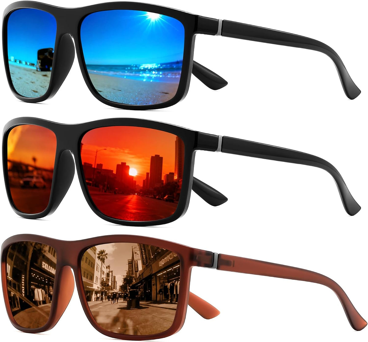 Black/Blue+black/Red+matte Brown/Brown / 55 Millimeters | B0FPM4N91R | FEISEDY Square Polarized Sunglasses For Men Women B0322