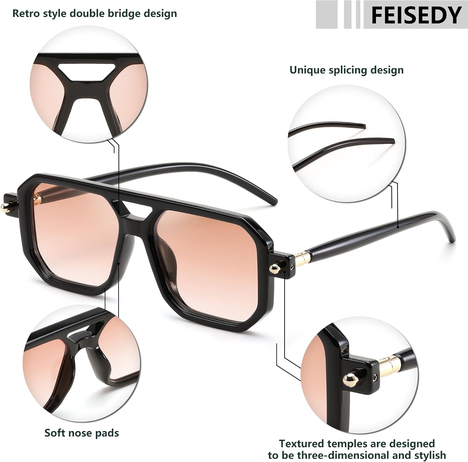 商品图片 34 | B09YTJ4FQZ | FEISEDY Vintage Square 70s Flat Aviator Sunglasses Women Men Classic Retro Stylish Frame UV400 Sunglasses B2622