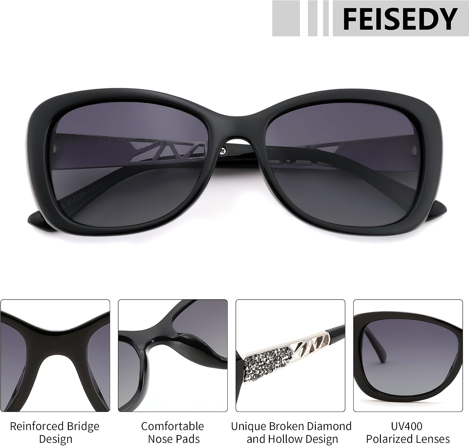商品图片 33 | B0D2RBKKPD | FEISEDY Polarized Women Sunglasses Retro Shades Photochromic Lens Sparkling Crystal Sunglasses UV400 Protection B0144