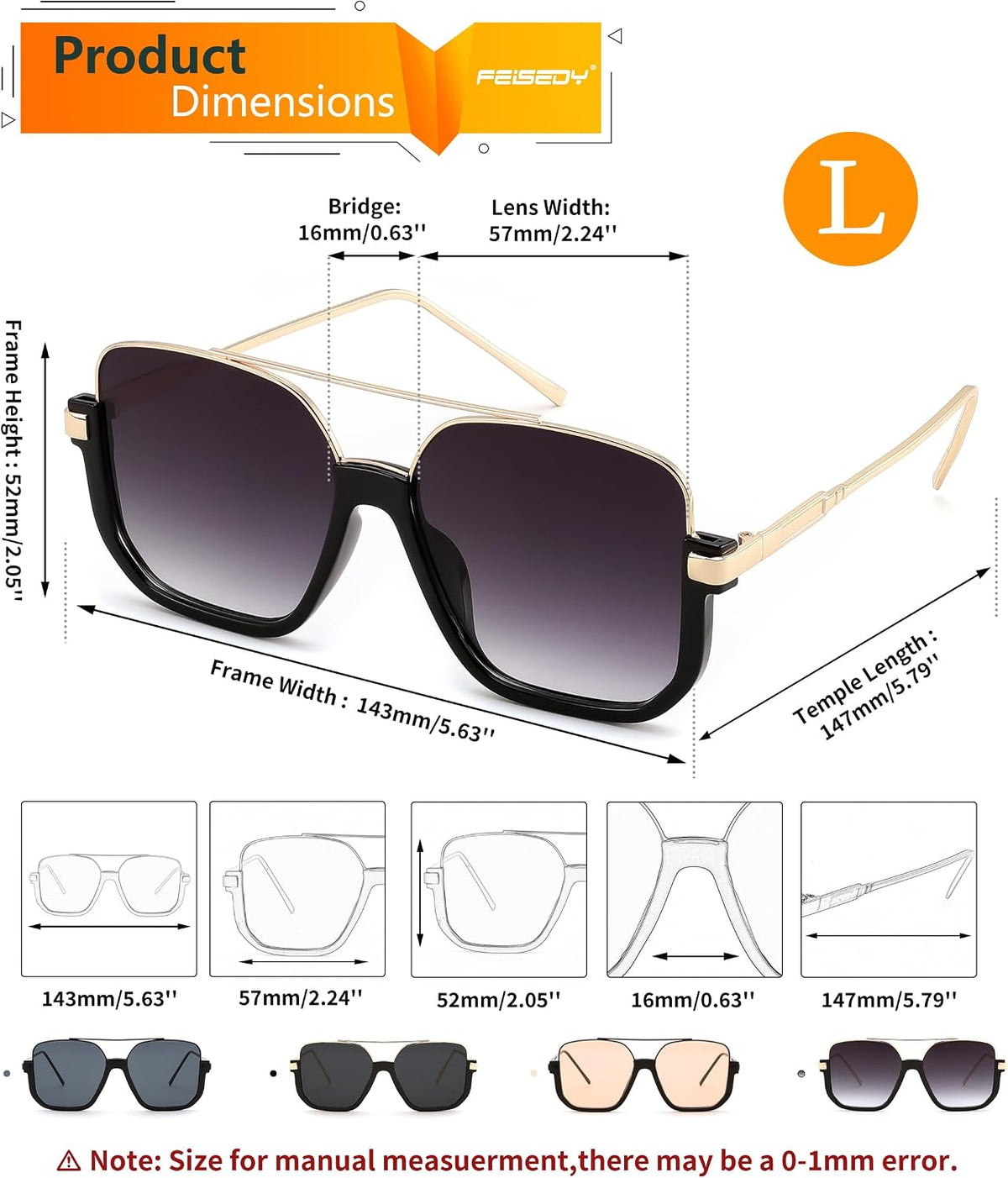 ÉÌƷͼƬ 6 | B0GXYGJLHV | FEISEDY Retro Square Aviator Sunglasses for Women Men Y2K Oversized B0432