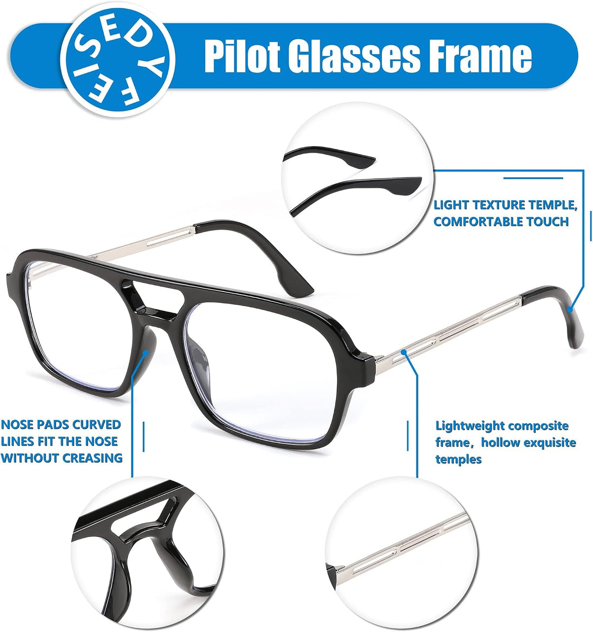 ÉÌƷͼƬ 3 | B0C65DXFMC | FEISEDY Retro Square Blue Light Blocking Reading Glasses for Women Men 70s Flat Aviator Glasses Anti-Fatigue Reader B2993