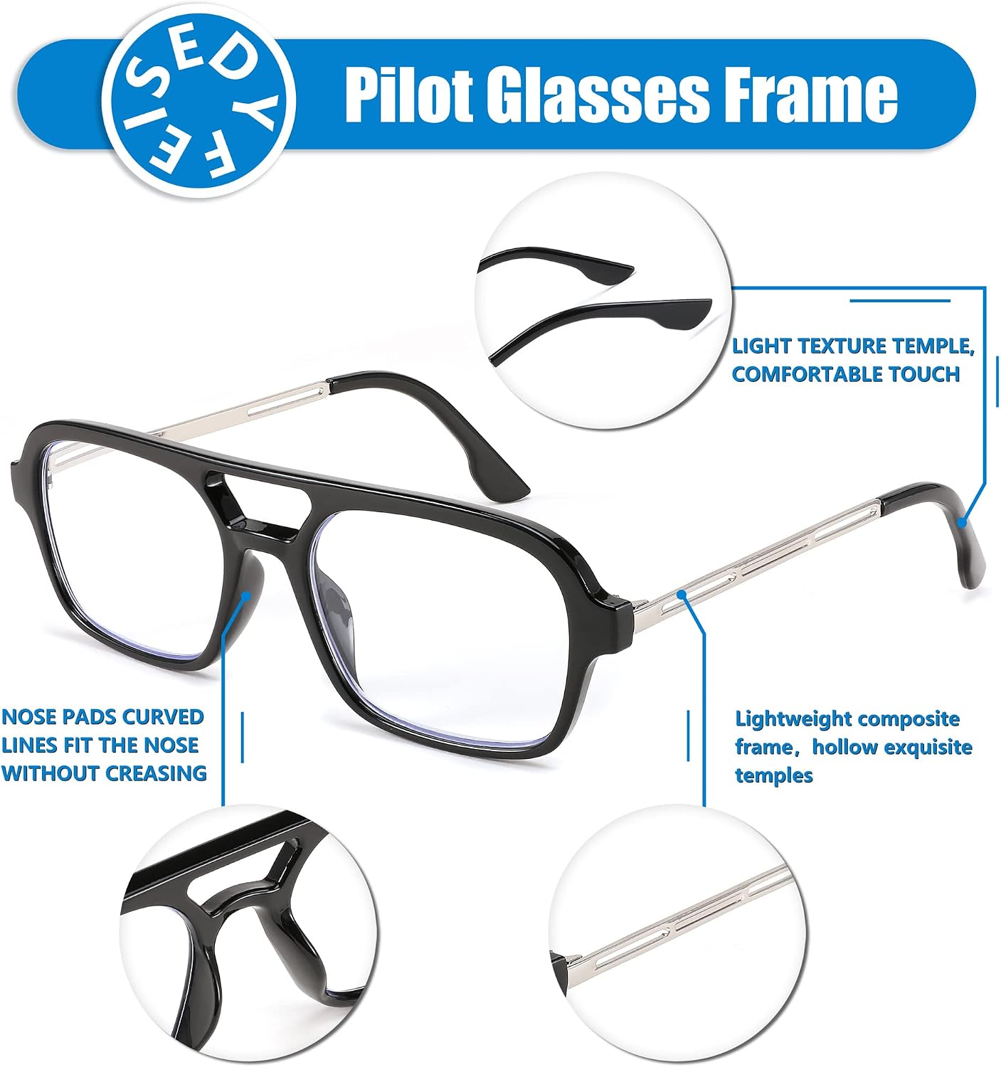 商品图片 3 | B0C65DXFMC | FEISEDY Retro Square Blue Light Blocking Reading Glasses for Women Men 70s Flat Aviator Glasses Anti-Fatigue Reader B2993