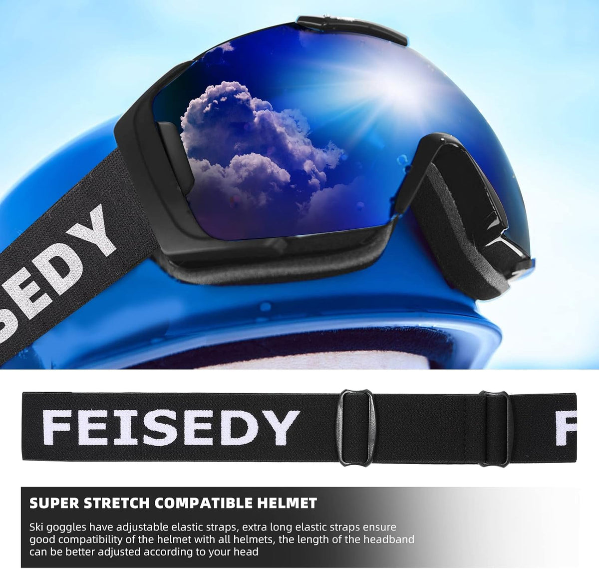 商品图片 27 | B0GHRB6WCQ | FEISEDY Ski Goggles, OTG Snow Sport Goggles for Adult Youth, Anti-Fog UV400 Protection Bendable Dual-Lenses B2961