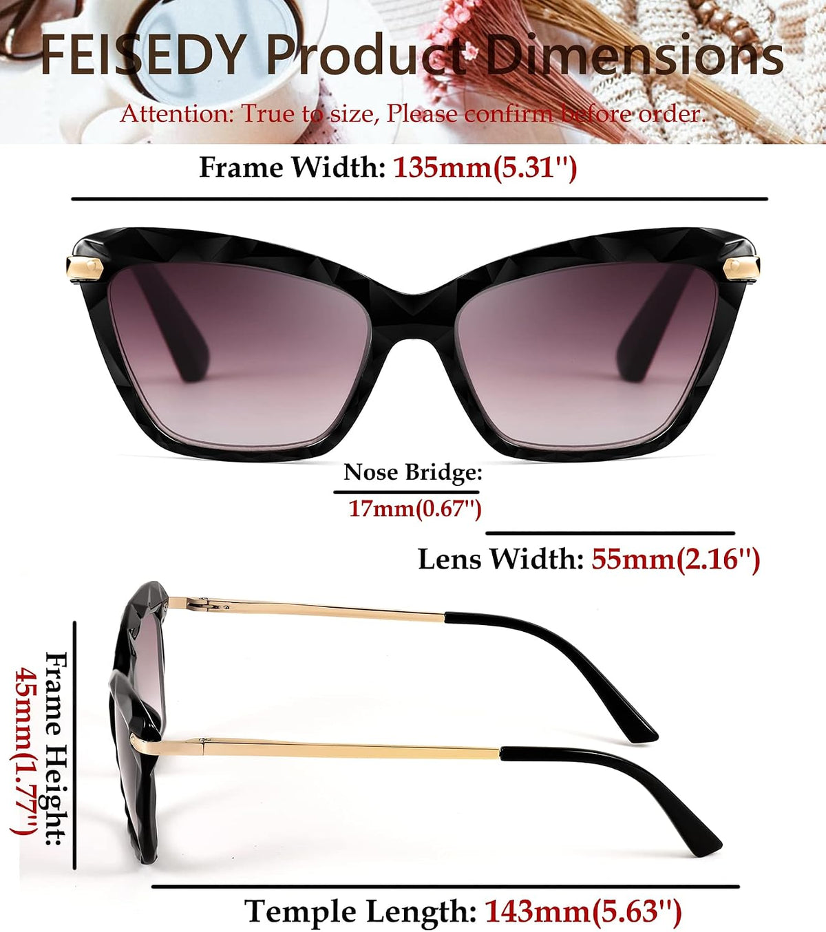 商品图片 5 | B09XDZ71JH | FEISEDY Vintage Cat Eye Reading Sunglasses Full Lens Women Sun Reader Glasses Spring Hinges B2896