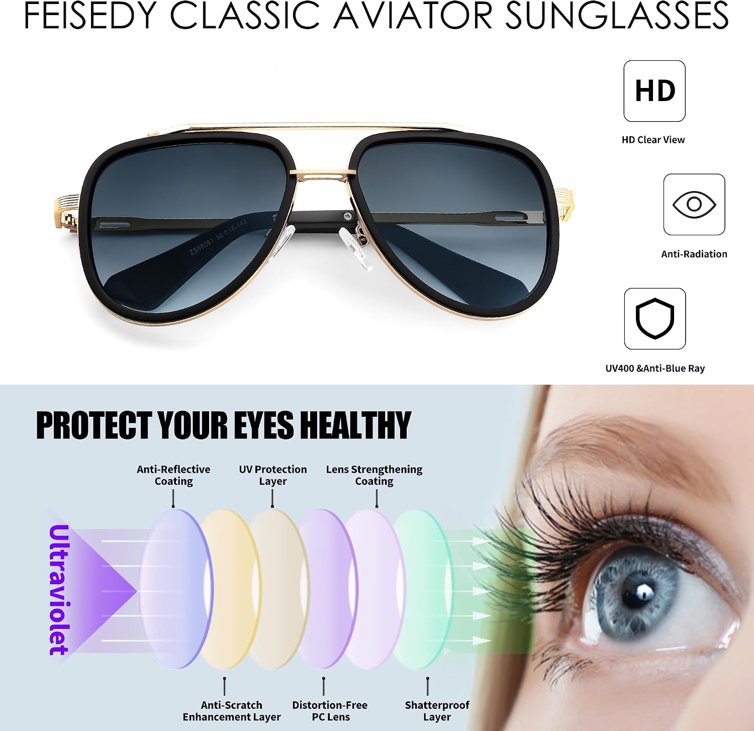 商品图片 16 | B0CF232CFR | FEISEDY Aviator Sunglasses Men Women, Square Retro 70s Vintage Classic Frame, UV400 Driving Fishing Golf Hiking B0036