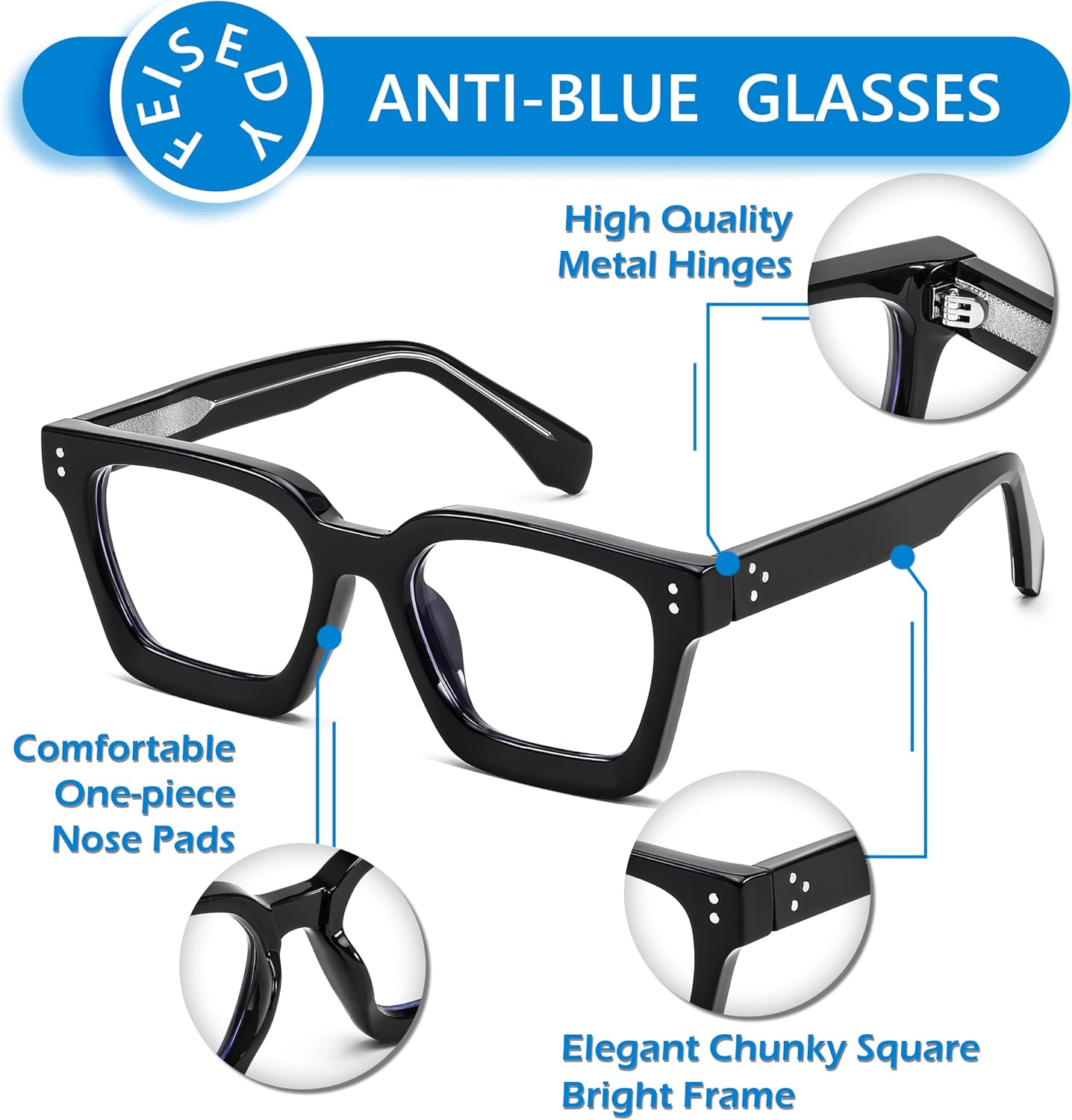 商品图片 13 | B0CWRK3FFF | FEISEDY Blue Light Blocking Glasses Women Men Chunky Square Computer Glasses B0101