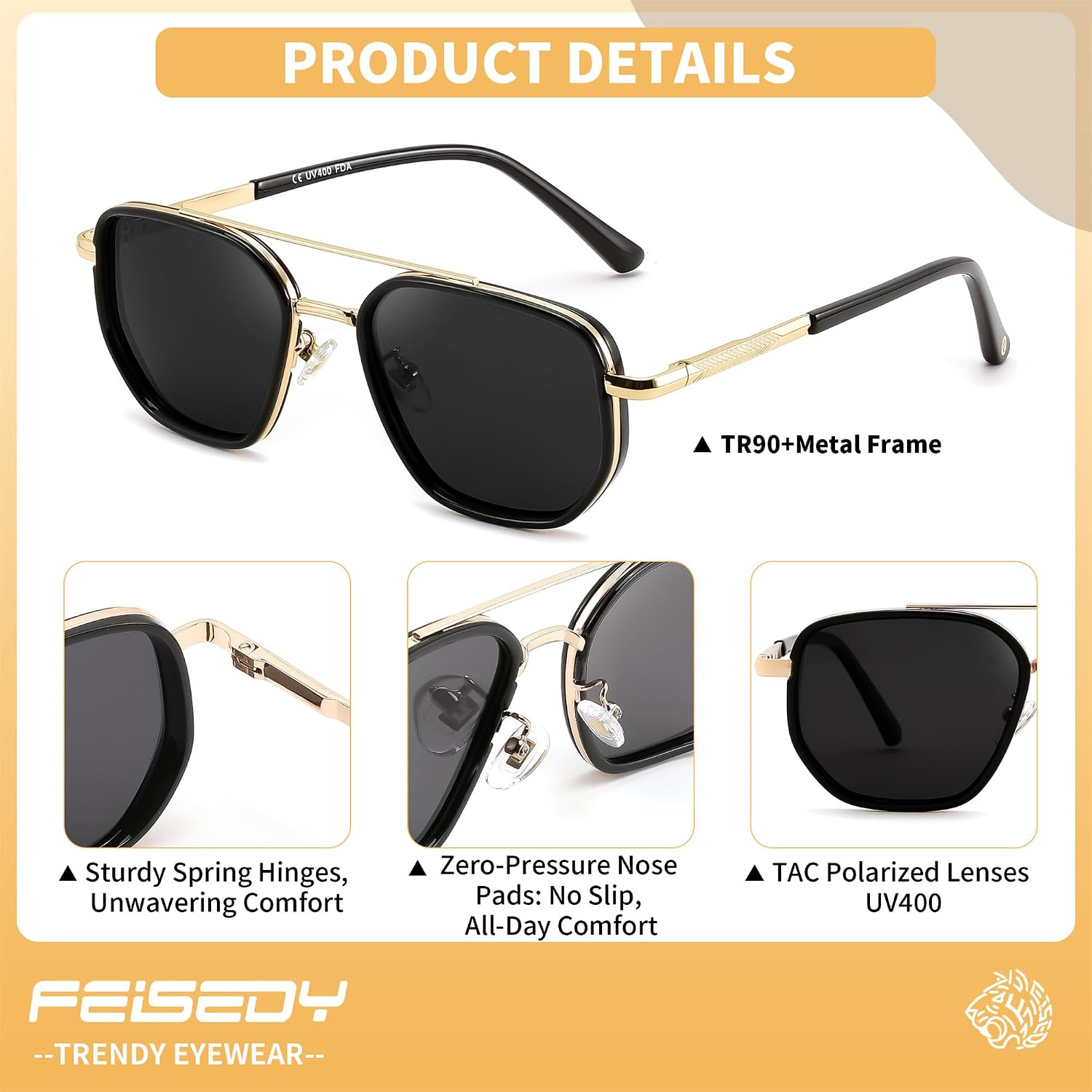 商品图片 12 | B0FQ4Y7FV6 | FEISEDY Polarized Aviator Sunglasses for Women Men Square TAC Lens B0329 | UV400 protection, Lightweight, Military-grade durability, Spring temples, Climate Pledge Friendly, Driving, Beach
