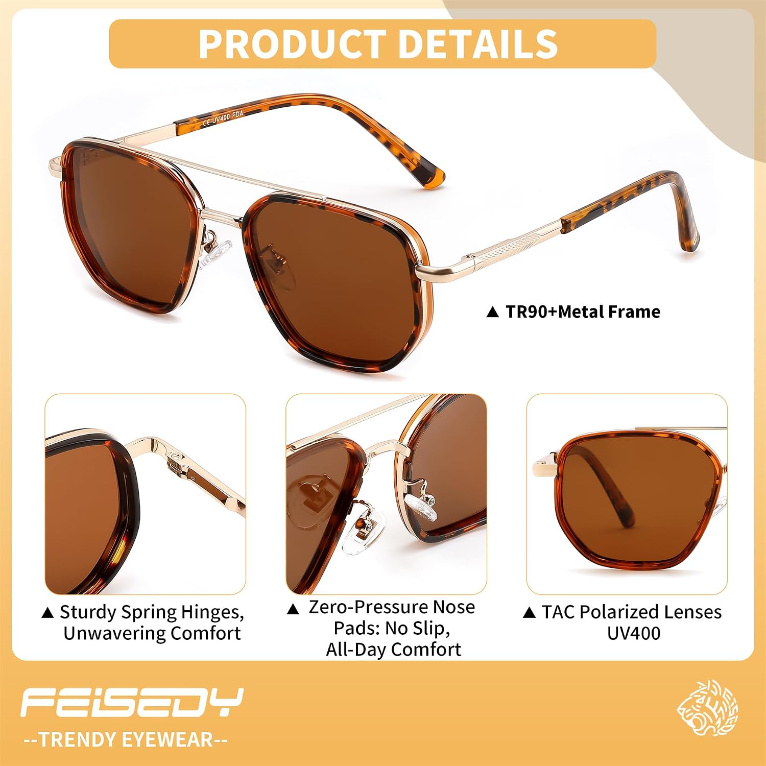 商品图片 33 | B0FQ4Y7FV6 | FEISEDY Polarized Aviator Sunglasses for Women Men Square TAC Lens B0329 | UV400 protection, Lightweight, Military-grade durability, Spring temples, Climate Pledge Friendly, Driving, Beach