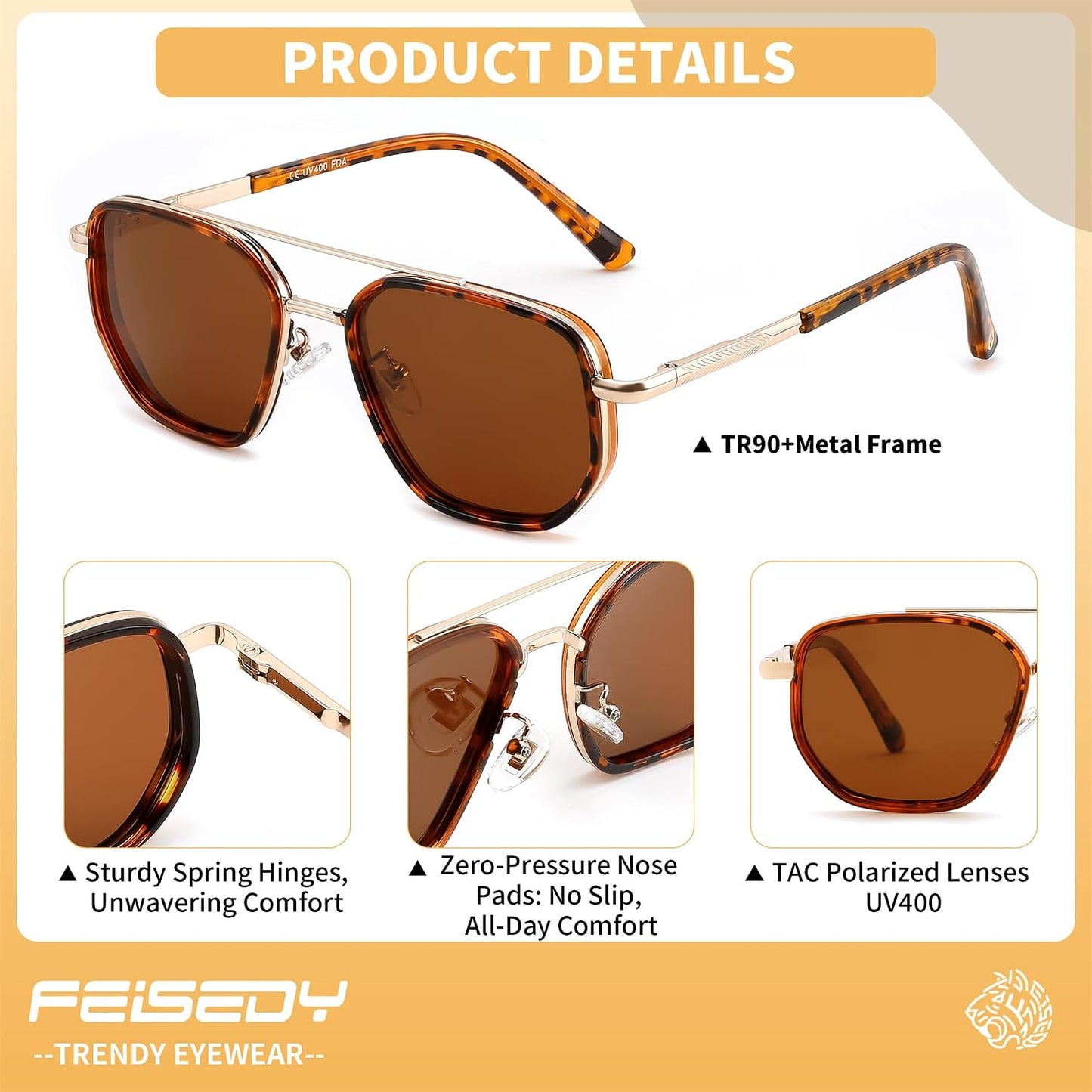商品图片 33 | B0FQ4Y7FV6 | FEISEDY Polarized Aviator Sunglasses for Women Men Square TAC Lens B0329 | UV400 protection, Lightweight, Military-grade durability, Spring temples, Climate Pledge Friendly, Driving, Beach