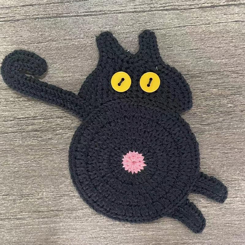 Black | B0DS54FXNV | Cute Cat Drink Coaster, Fun Woven Creative Coasters, for Home Decor Tabletop Protection, Cat Gifts for Cat Lovers
