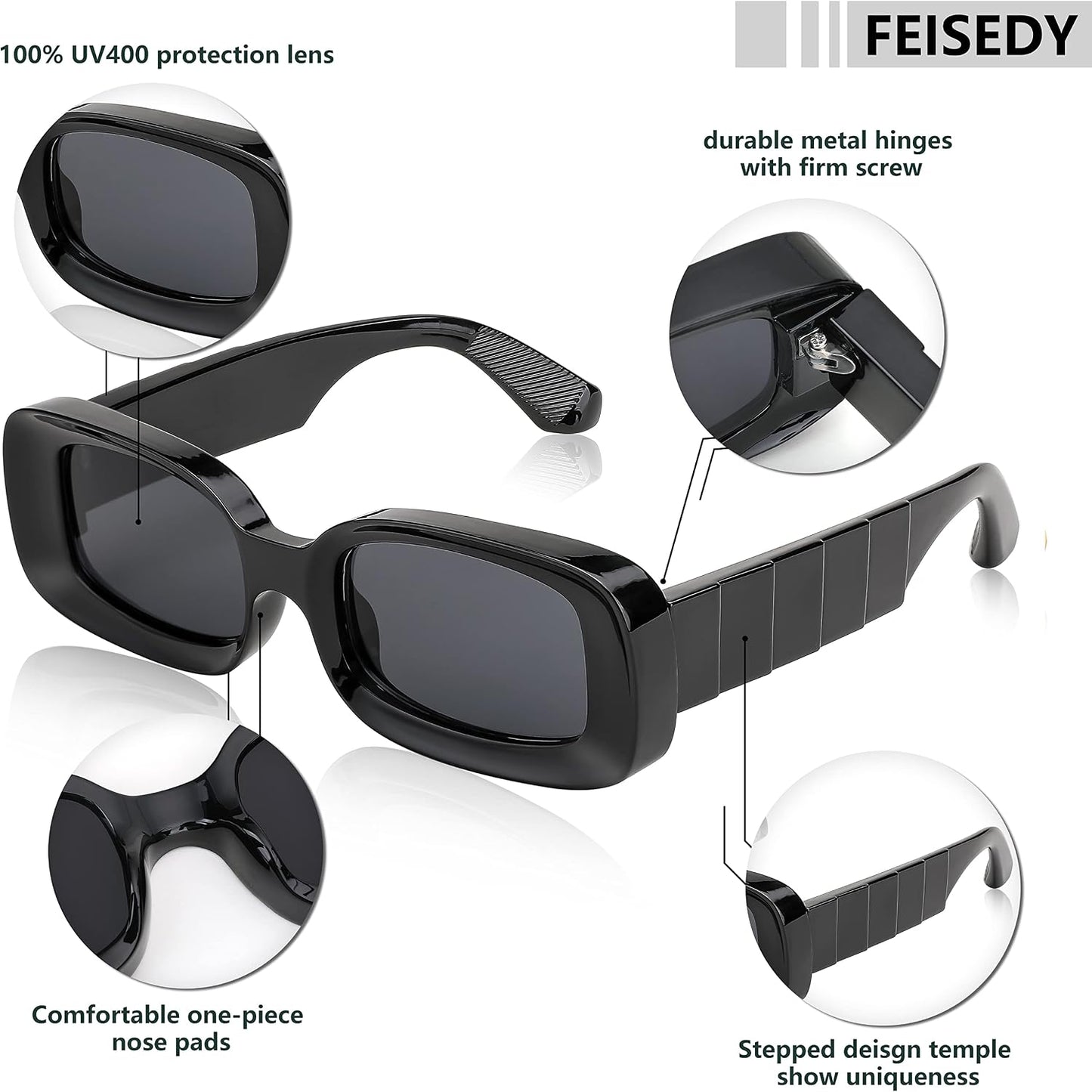 商品图片 31 | B0B12FXZW5 | FEISEDY Rectangle Sunglasses for Women Men Retro Y2k 90s Thick Frame Chunky Square Sunglasses UV400 Protection B2307