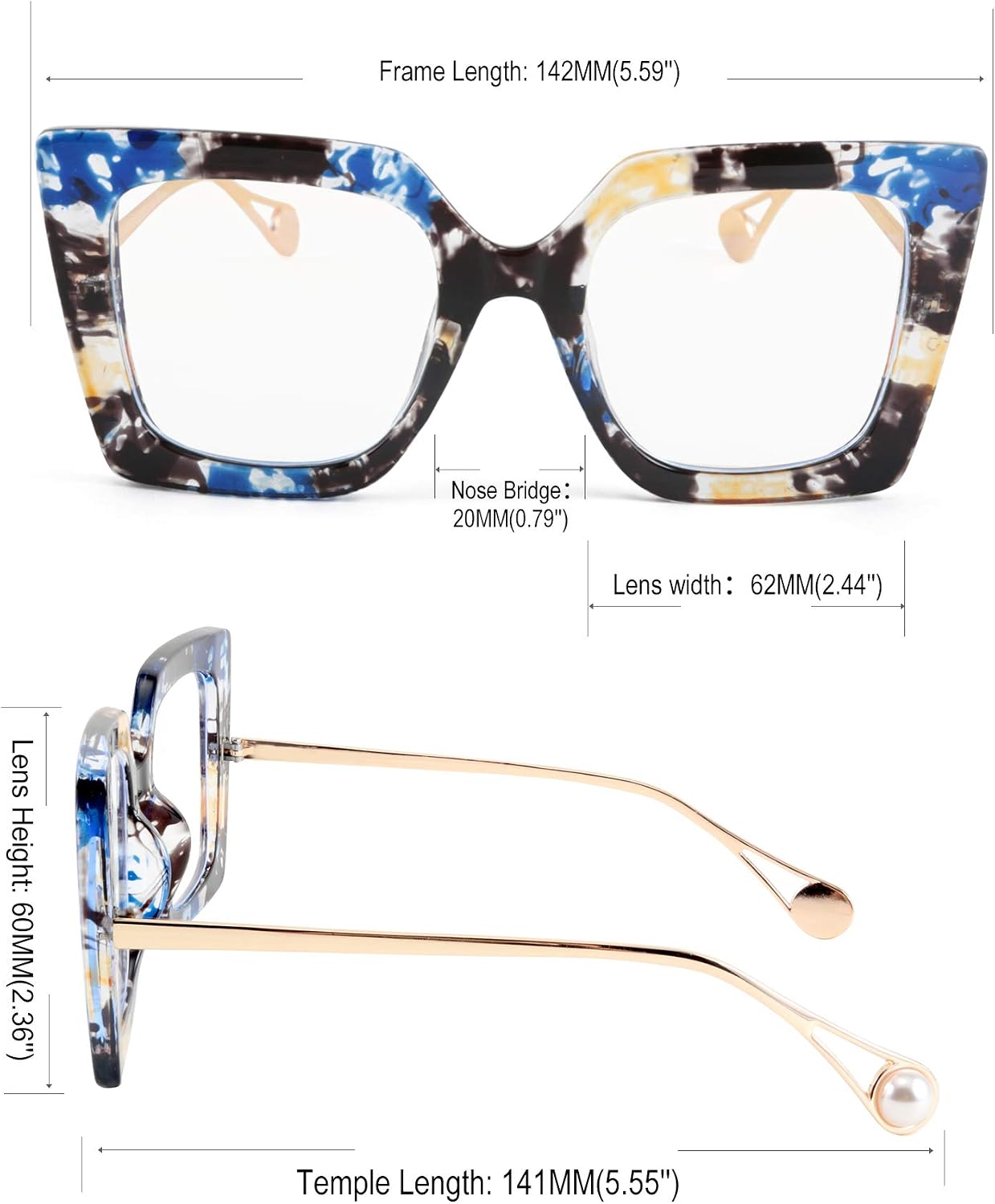 商品图片 61 | B08DF5QRXC | FEISEDY Oversized Square Blue Light Blocking Glasses Eye Strain Glare Pearl Inlay Arm Cat Eye Fashion Eyewear B2639
