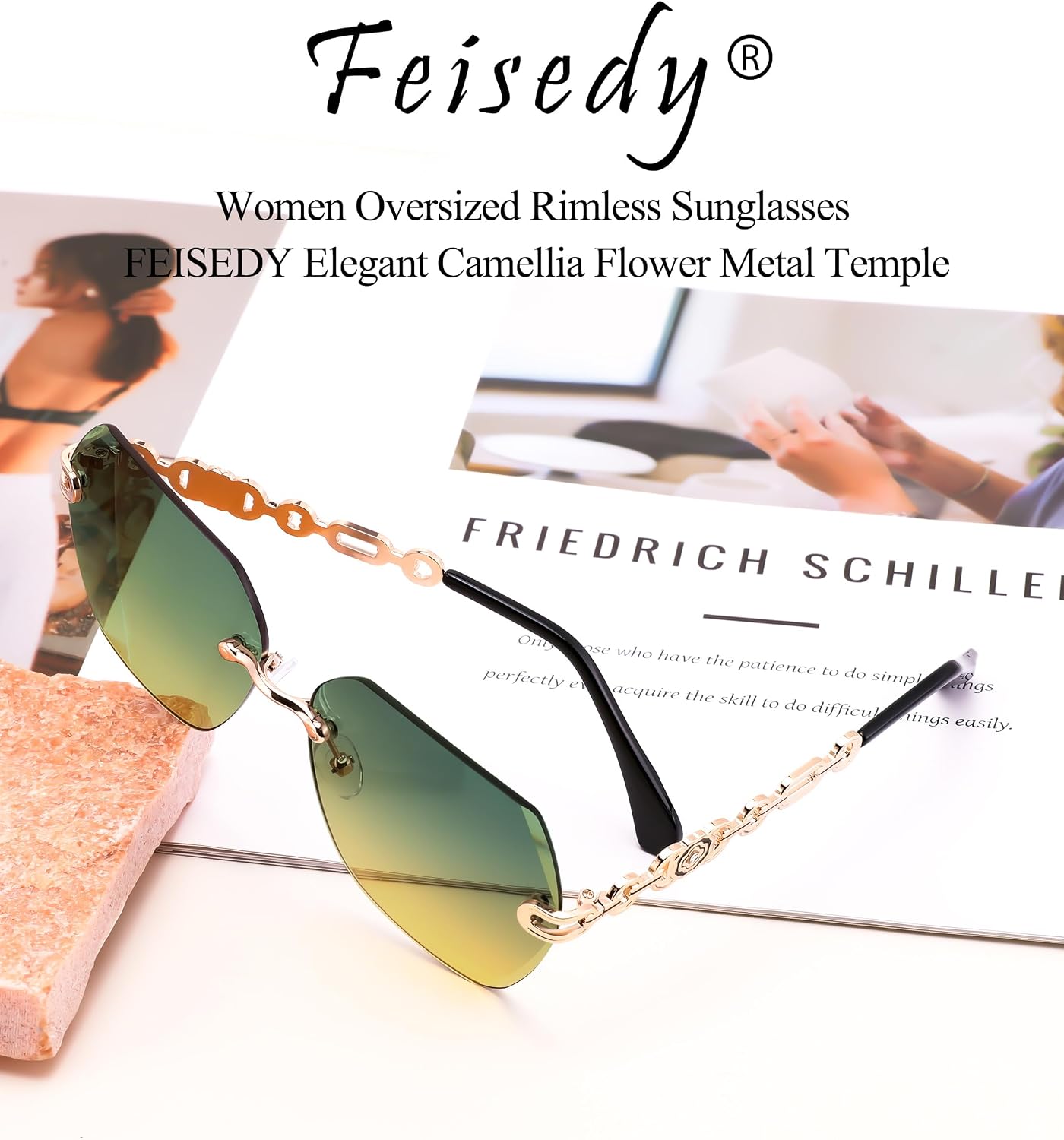 商品图片 52 | B083VRLS2Q | FEISEDY Classic Rimless Sunglasses Women Metal Frame Diamond Cutting Lens Sun Glasses B2567