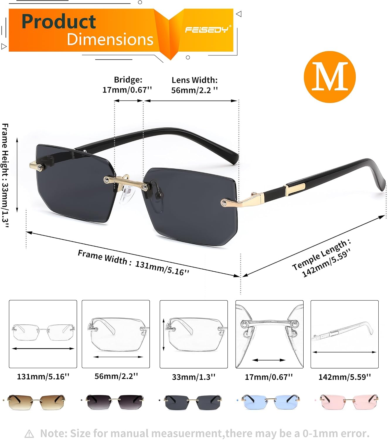 商品图片 6 | B0CY2Q4VW1 | FEISEDY Rimless Sunglasses Y2K Retro Small Narrow Rectangle Shades B2643
