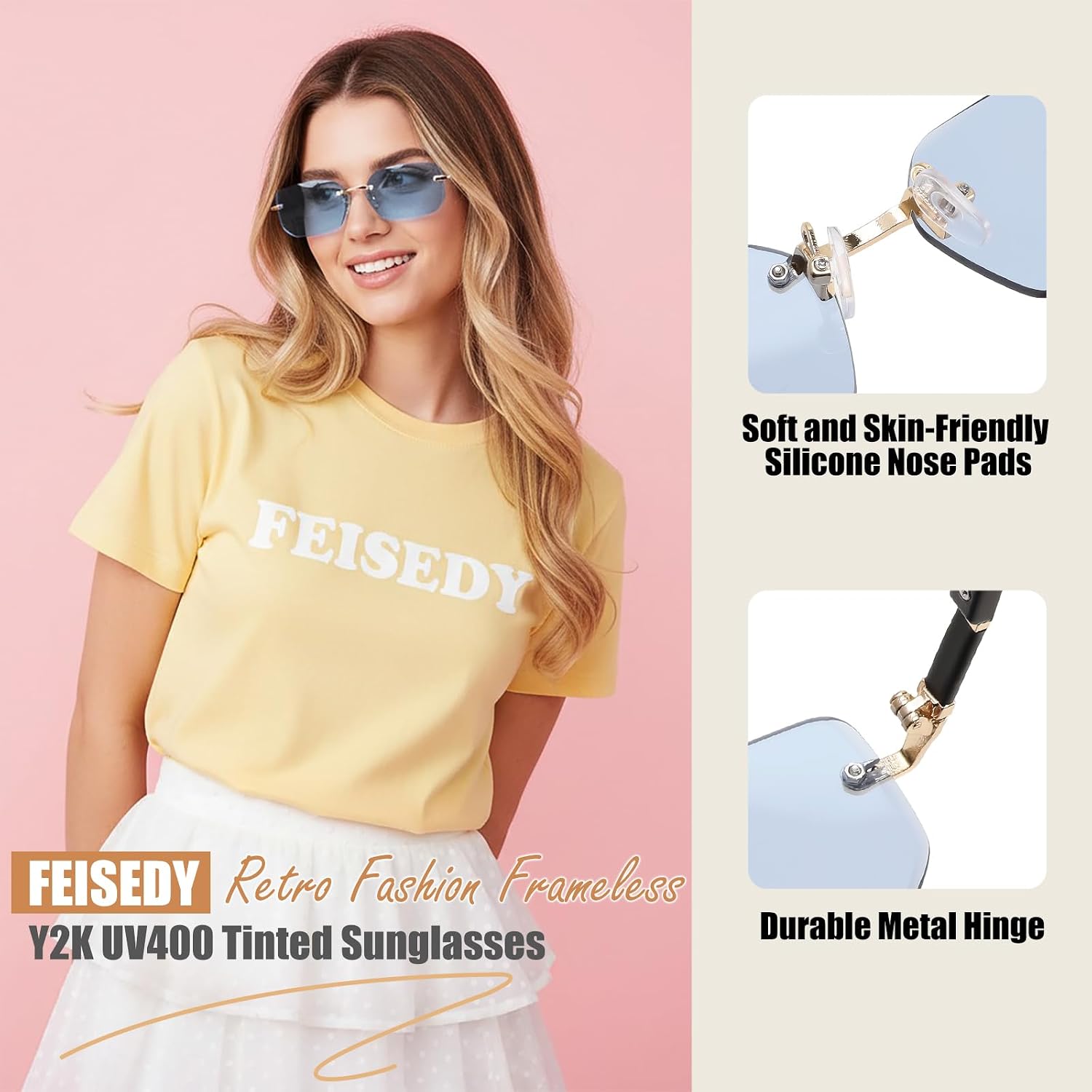 商品图片 67 | B0CY2Q4VW1 | FEISEDY Rimless Sunglasses Y2K Retro Small Narrow Rectangle Shades B2643