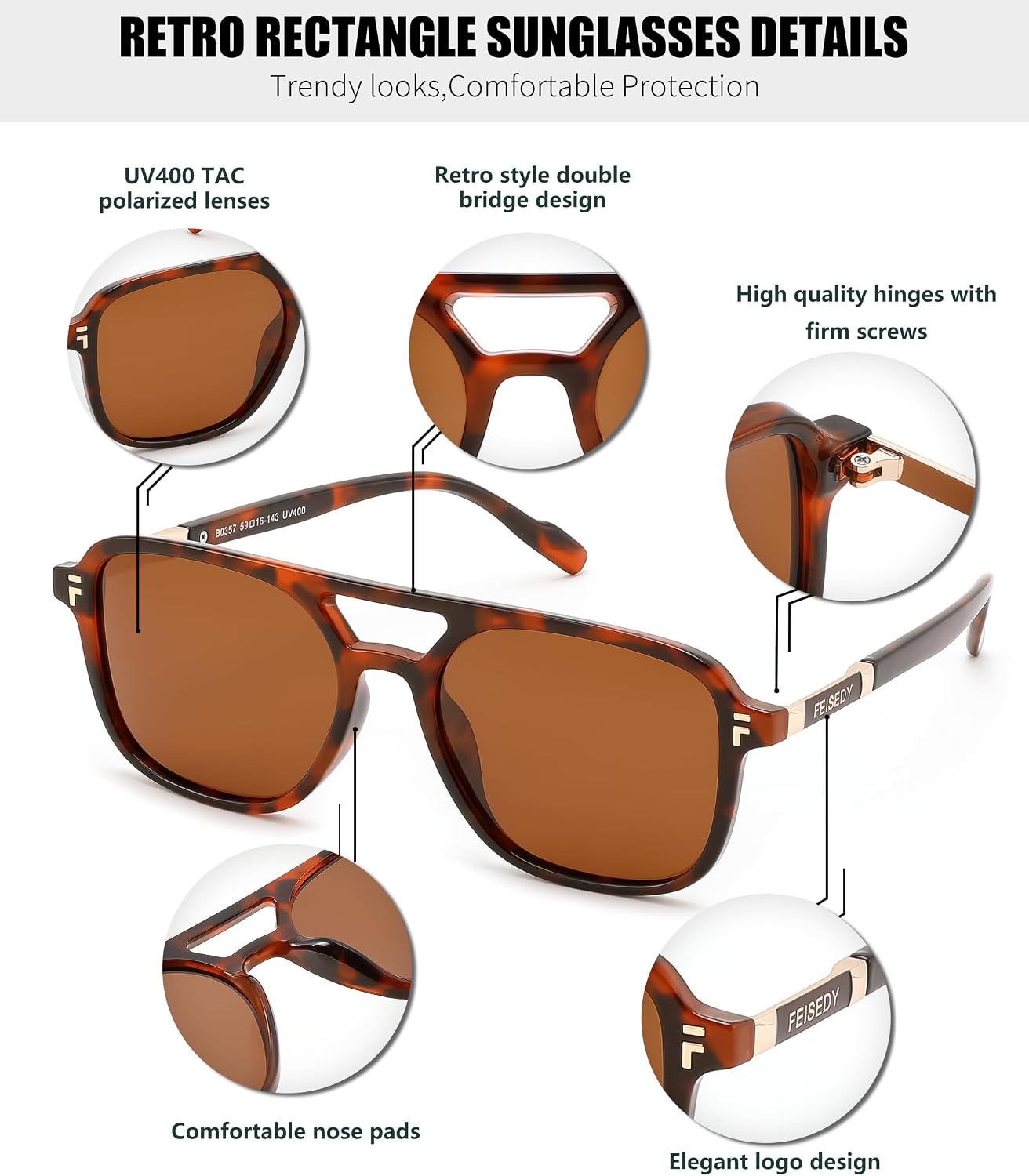 商品图片 19 | B0H2V9BFS5 | FEISEDY Retro Polarized Aviator Square Sunglasses for Women Men UV400 B0357