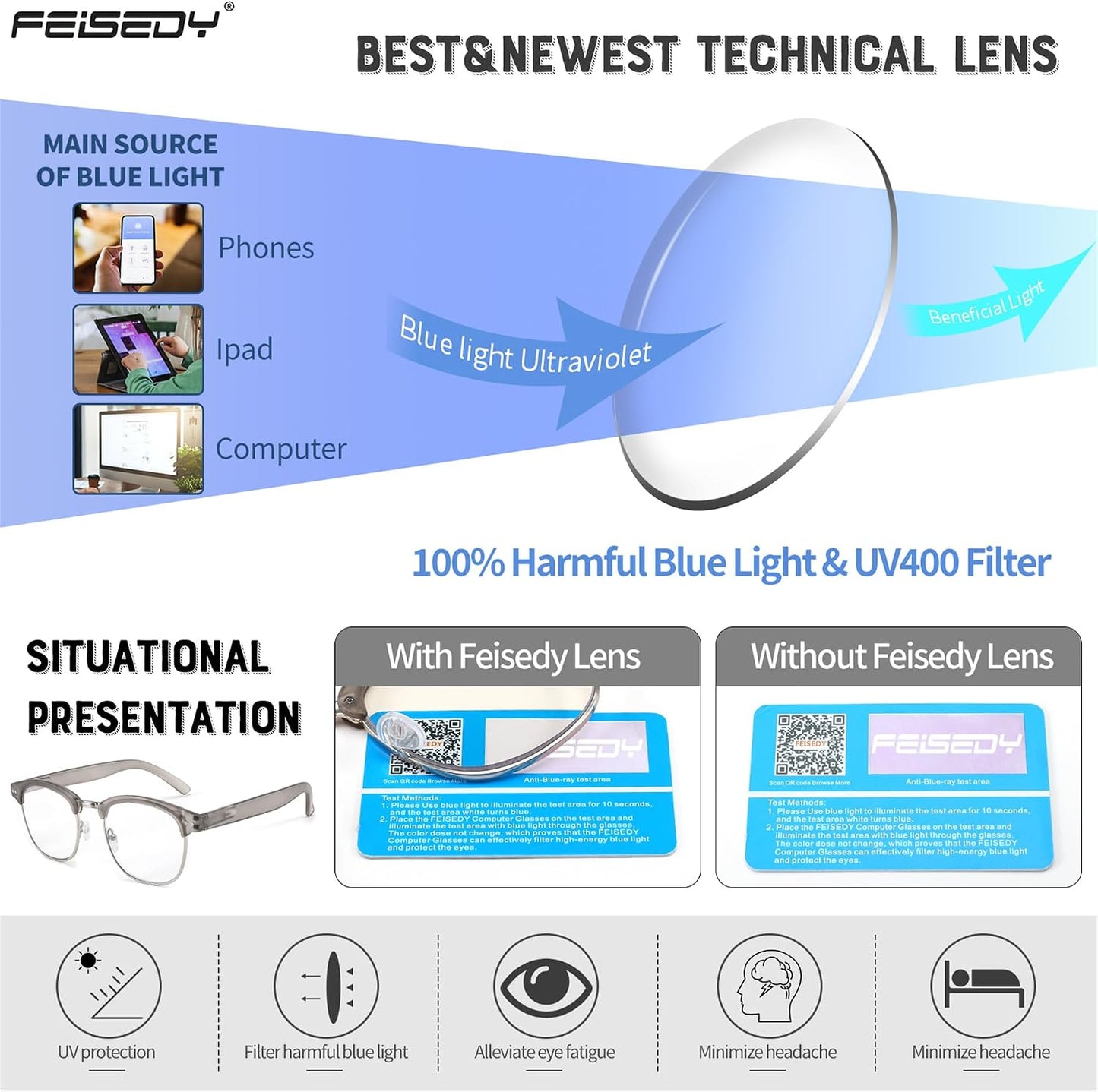 商品图片 3 | B0C73XCW57 | FEISEDY Reading Glasses Classic Half Frame Retro Semi-Rimless Clear Lens Blue Light Blocking Glasses B0005