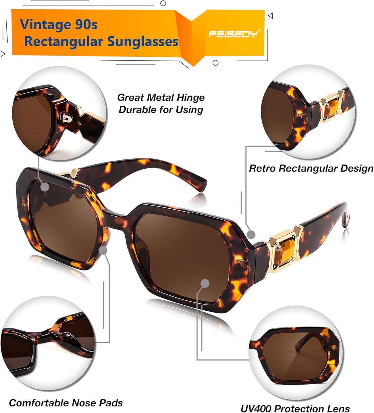 ÉÌƷͼƬ 22 | B0CNPQGQRW | FEISEDY Retro Rectangle Sunglasses for Women Men Classic Square Rhinestone Frame Sun Glasses Polygon Designer UV400 B0047