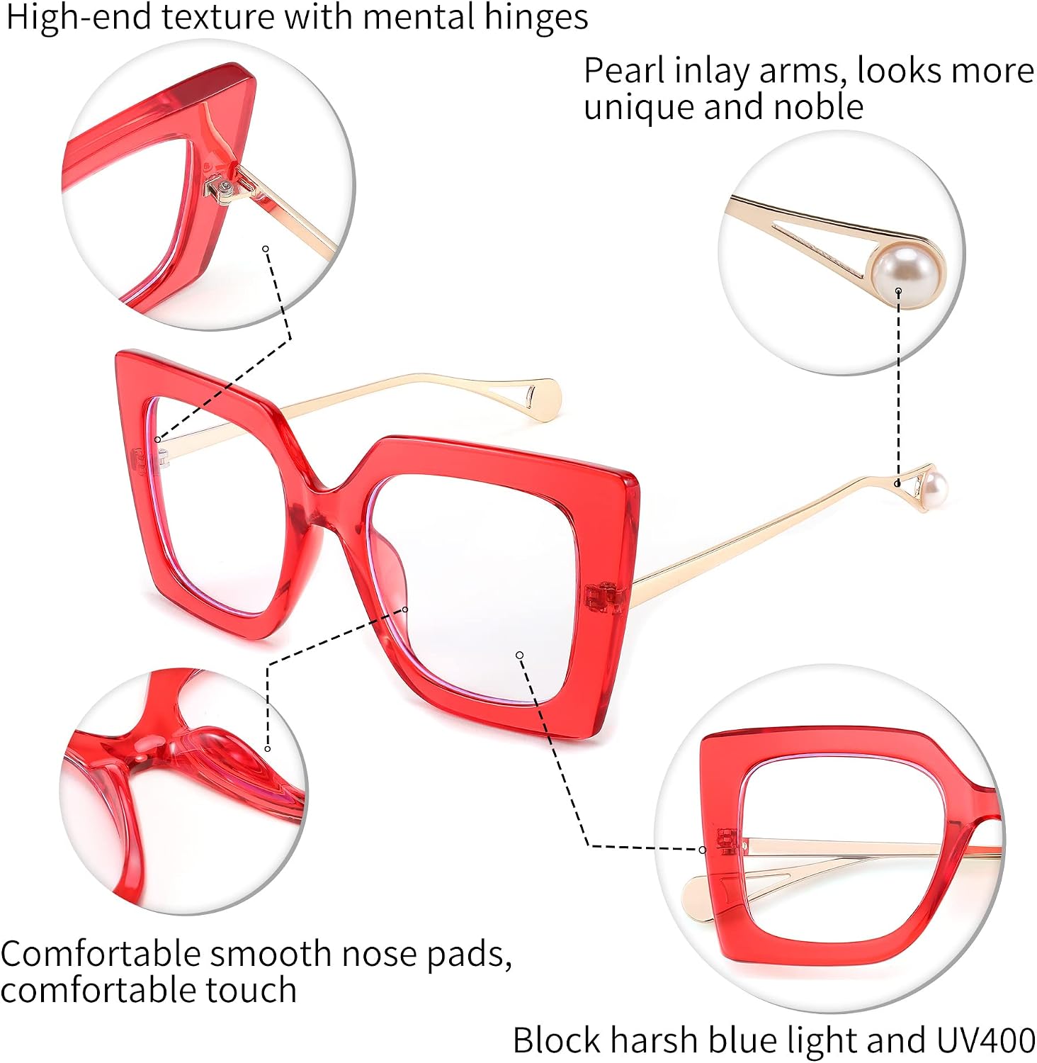 商品图片 32 | B08DF5QRXC | FEISEDY Oversized Square Blue Light Blocking Glasses Eye Strain Glare Pearl Inlay Arm Cat Eye Fashion Eyewear B2639