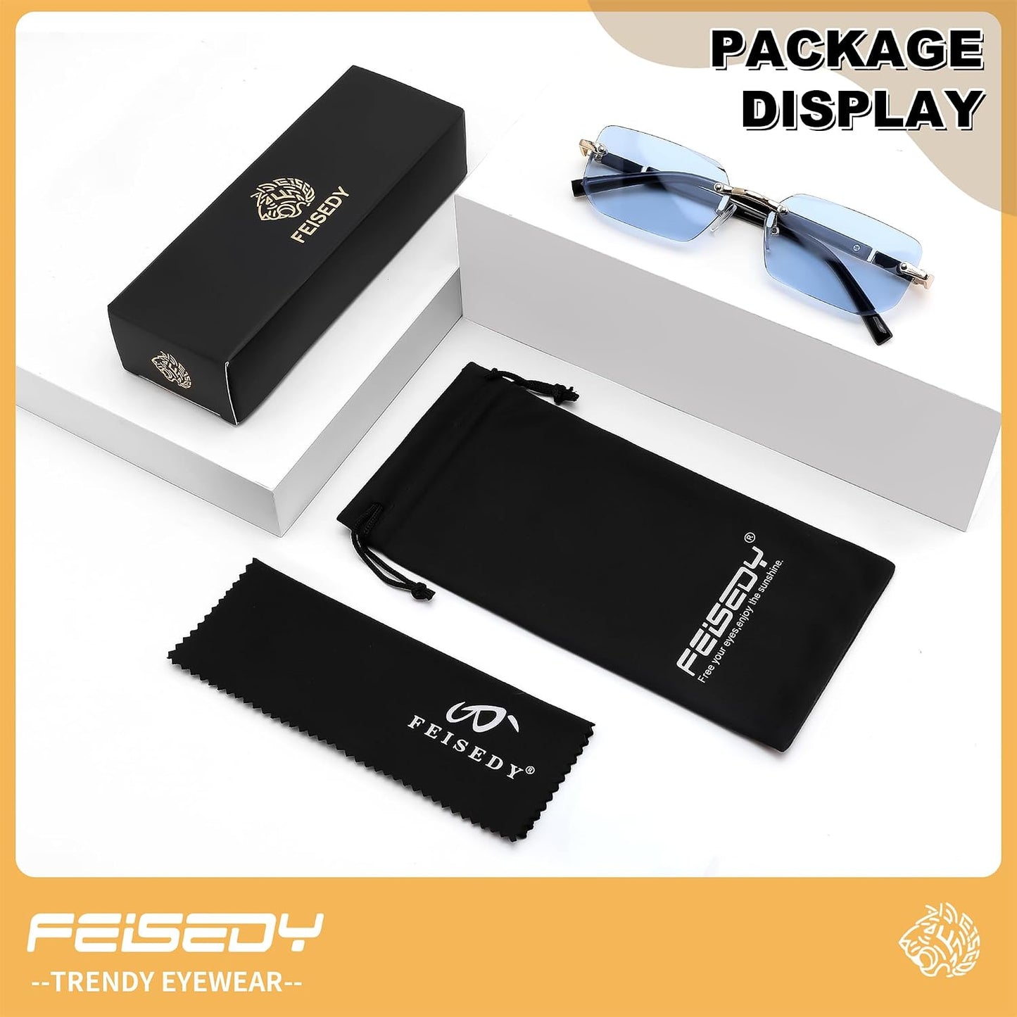 商品图片 69 | B0CY2Q4VW1 | FEISEDY Rimless Sunglasses Y2K Retro Small Narrow Rectangle Shades B2643