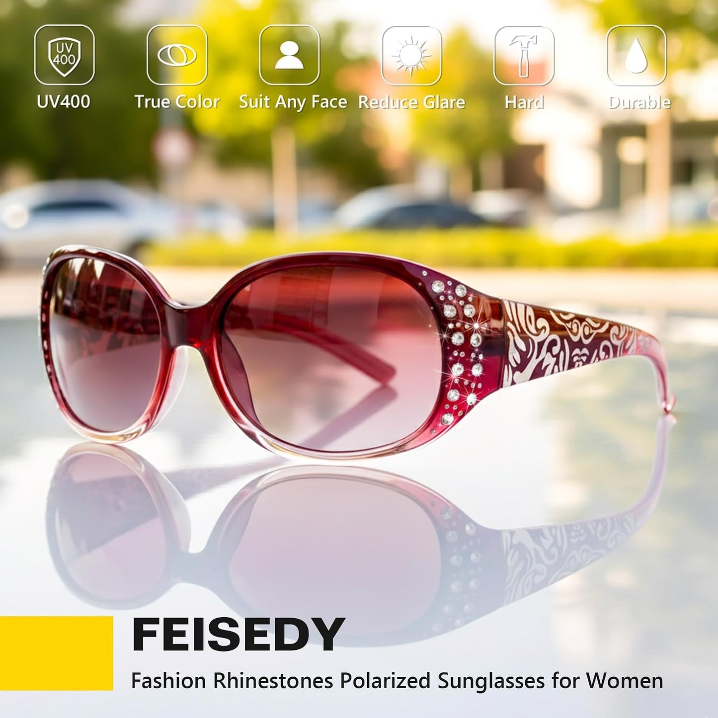 商品图片 45 | B0FZT6D16L | FEISEDY Women's Polarized Sunglasses Wrap Around Rhinestone Design Fashion Sunnies UV400 Protection B1091
